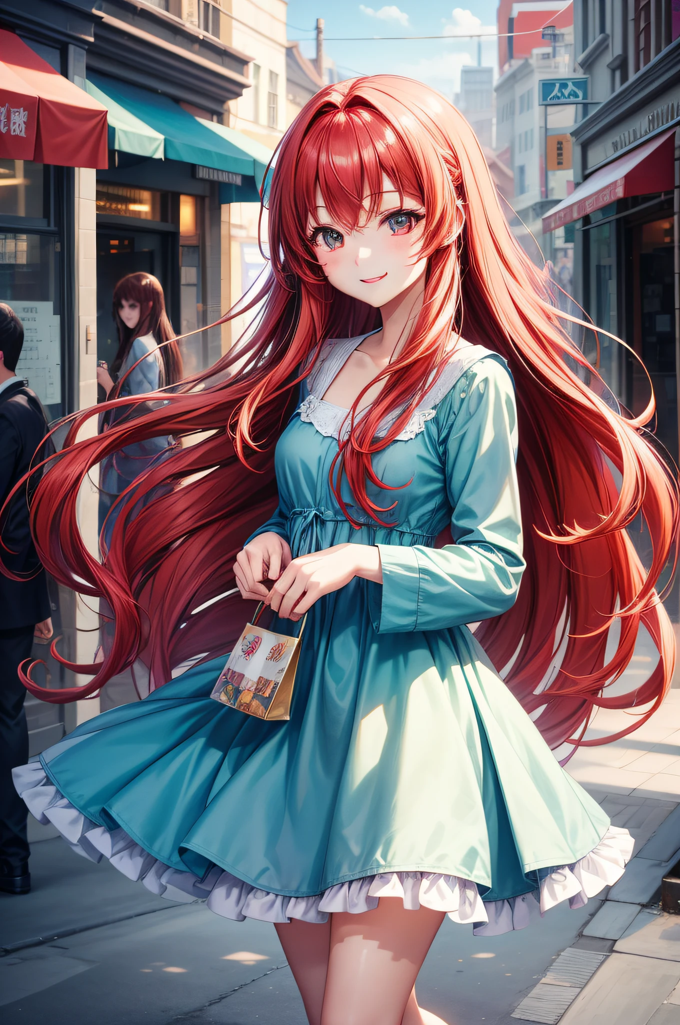 a smile、Soft skin、Anime style、Women in Their 20s、The background is the city、The long-haired、Red hair、1People only、full bodyesbian、Light blue dress