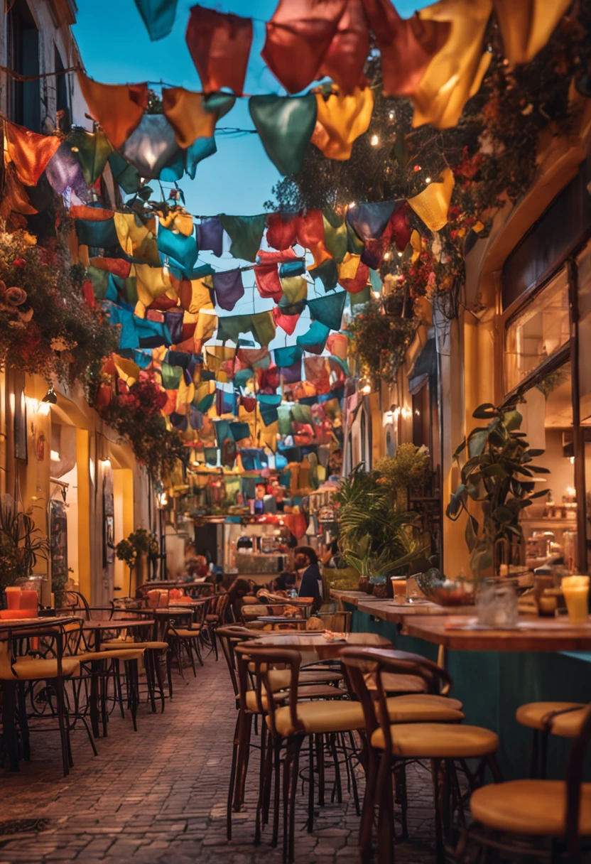 A vibrant image of a café, aconchegante, com mesas cheias de pessoas, felizes e satisfeitas comendo e bebendo(melhor qualidade: 1.4), (Ultra Highres: 1.2), (fotorrealista: 1.4), (8k, Foto RAW: 1.2), (medium shot: 1.4) alta realidade, detalhamento assentuado ao extremo,
