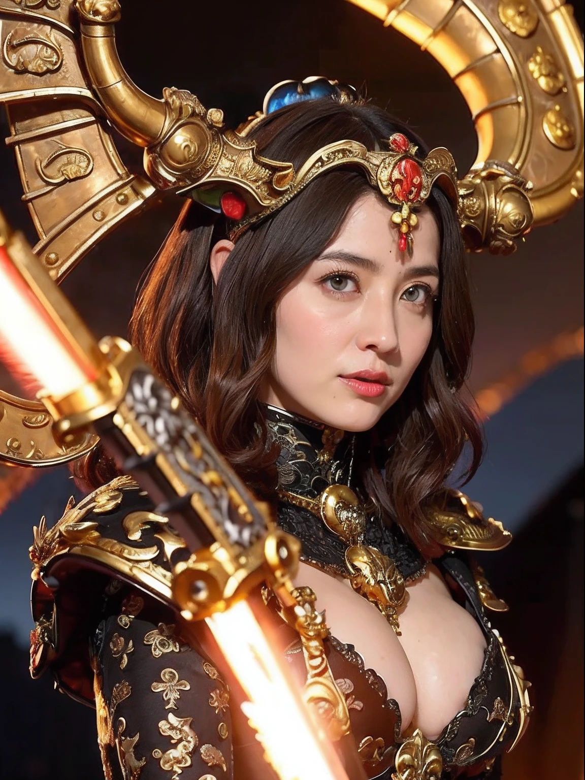 Professional , ​masterpiece、top-quality、photos realistic , depth of fields （Gemstone Black Metal Body:1.９),(Enamel Black、（cleavage of the breast）、（Chinese Dragon）、Mystical expression、Dragon Gold Weapon（Dragon Metal Body:1.４),Gorgeous gold weapons ,（（ Dragon's dense and gorgeous sword）） ,  、blood splashing、  ,warhammer 40k , adepta sororitas,Detail and gorgeous crown、（（Brown hair））、（The dragon）、（Castle background）、The dragon、（（Gangle's forest background））、Beautiful Caucasian beauty、（１a person）、dynamic ungle,(((Detailed and ornate dragon helmet)))、Smaller head、A smile、Castle background、Thin and beautiful female hands、cleavage of the breast、Mystical expression、Light Effects、Wind-effect、magic circles、With the legendary magic wand、（demonic wings）、Toostock、