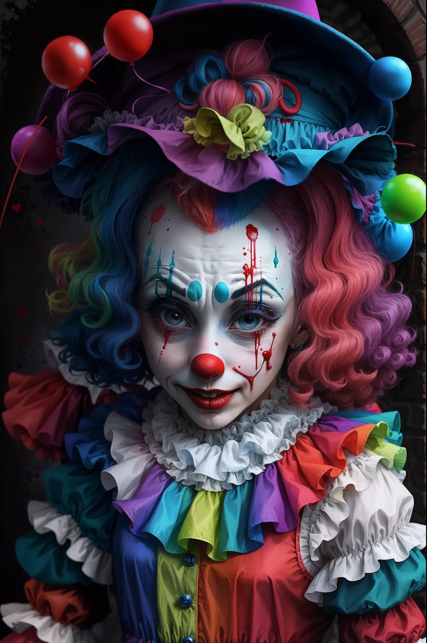 arafed with colorful hair and makeup on her face, clown girl, color photograph portrait 4k, color portrait, clown makeup and rainbow wig, creepy clown girl, goth clown girl, colored photography, realistic colorful photography, 8k artistic portrait photography, fantasy portrait, adorable digital painting, colorful and dark, colorfull digital fantasy art, clown makeup