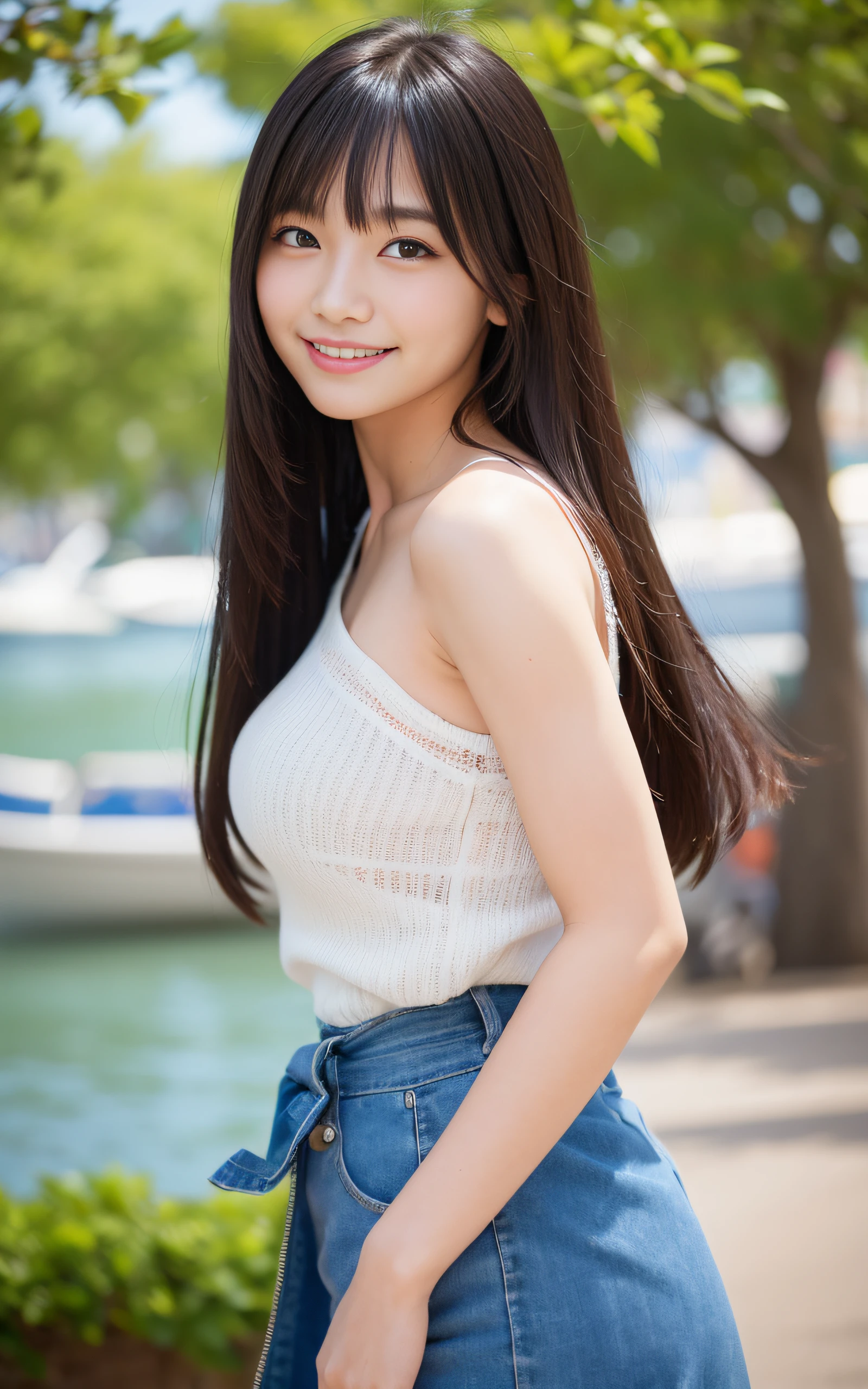 ((Best Quality, 8K, masutepiece: 1.3)), (Sharp Focus: 1.2), A quaint coastal fishing village with colorful boats, 1 girl, Full body, Put your hands behind your back, stunning elegant pose，Neat and clean beauty, 20 years old, Half Japan and half American, Looking away, Classy and elegant, A pretty girl with perfect figure, shyly smile, Cute, Shy, ((Shoulder-length straight hair swaying in the wind, Bangs)), Big breasts, (Blouse: 1.1), Skirt, Highly detailed face and skin texture, Detailed eyes, Background bokeh，