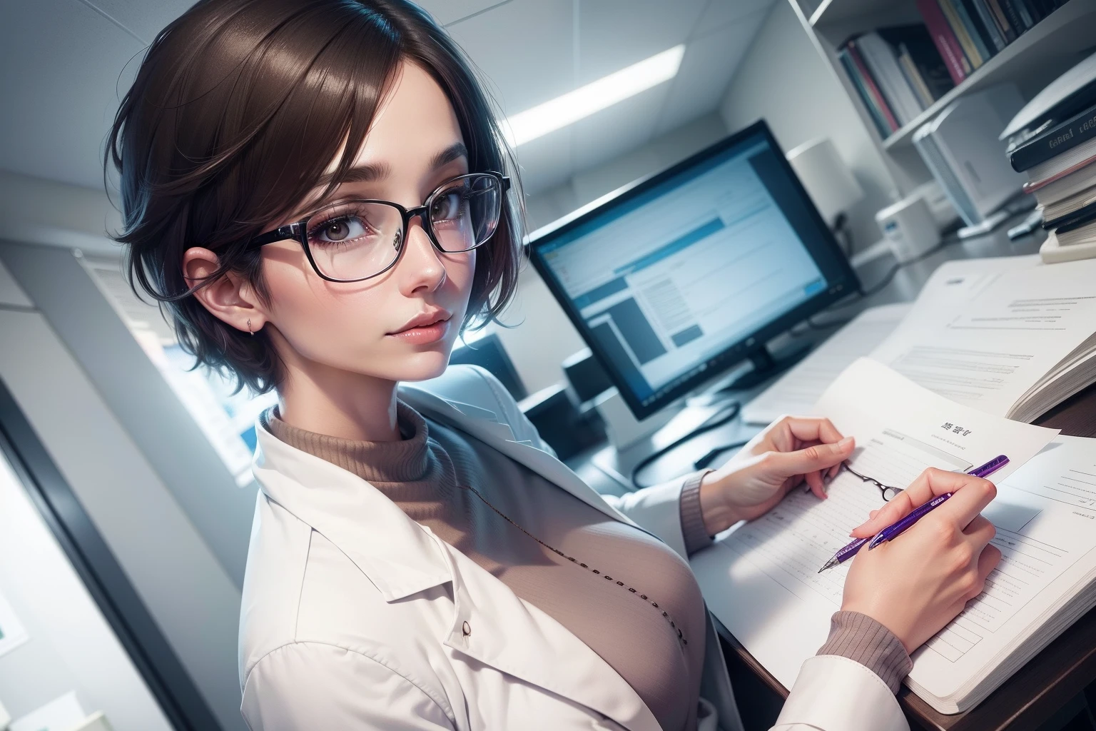 8k realistic image of pretty female doctor, 32 years old, short hair, wearing glasses, wearing a white coat, white clothes, taking notes on a clipboard, evaluative expression, in a doctor's office, anime style artwork