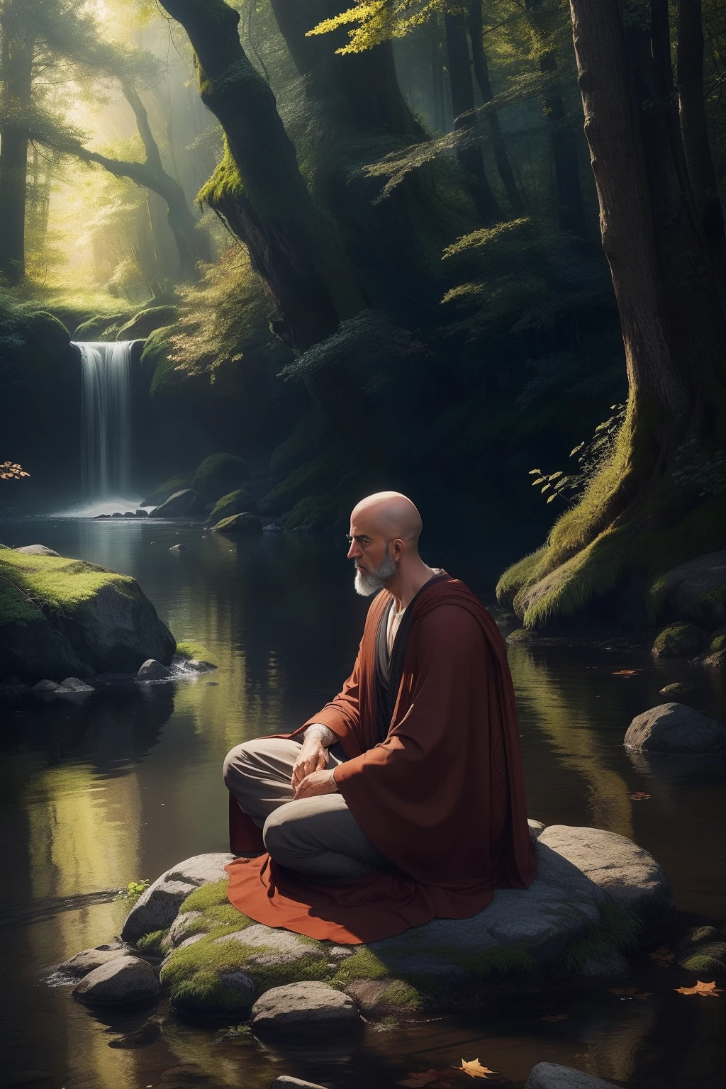 In the tranquil embrace of nature, Aeschylus finds a haven for contemplation and creativity. Seated on a simple stone, his robes draped elegantly, he gazes out across the landscape with a mixture of serenity and intensity. His bald head gleams in the warm sunlight, a beacon of wisdom in the midst of the natural world.

Surrounded by the whispers of rustling leaves and the gentle murmur of a nearby brook, Aeschylus finds inspiration in the symphony of nature. His posture is one of profound thoughtfulness, his hands resting on his knees as he delves into the recesses of his mind. The lines on his face bear witness to a life rich with experience, each crease telling a tale of stories crafted and truths uncovered.

As he meditates on the mysteries of existence, the wind plays a soft melody through his robes, carrying with it the scent of earth and blossoms. His eyes, deep and introspective, reflect a mind engaged in a dance between the tangible and the abstract. In this harmonious union of man and nature, his thoughts flow like a river, weaving connections between the human drama he crafts and the greater cosmic narratives that unfold around him.

The world around him becomes a living tapestry, every rustling leaf, every distant call of a bird, a thread woven into the fabric of his contemplation. The solitude of the outdoors grants him a canvas upon which he paints with the colors of imagination and the ink of introspection. In this symbiotic relationship with the natural world, he discovers the seeds of his next masterpiece, finding harmony between the narratives of mankind and the unending stories told by the earth itself.