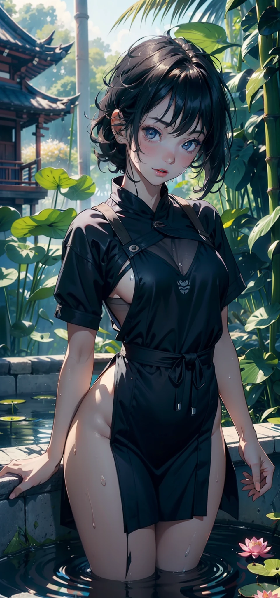1female,age 5,Small ,Low chest exposure, 独奏,(Background with:bamboo forrest,lotuses,lotus flower,exteriors,Lotus pond) She has short black hair,standing on your feet,Sweat profusely,drenched all over the body,seen from the front, hair straight, mostly cloudy sky,(((tmasterpiece),(Very detailed CG unity 8K wallpaper),best qualtiy,cinmatic lighting,detailed back ground,beatiful detailed eyes,Bright pupils,Black eyes,(Very fine and beautiful),(Beautiful and detailed eye description),ultra - detailed,tmasterpiece,)),facing at camera,A high resolution,ultra - detailed),revealing breasts,Bare genitalia, Bulge,legs are open,Raised sexy,Camel toes,Flushed complexion,Open-mouthed,frontage,elementary student(Wearing:Transparent black apron,nakeness,Bare breasts,Bare lower body)