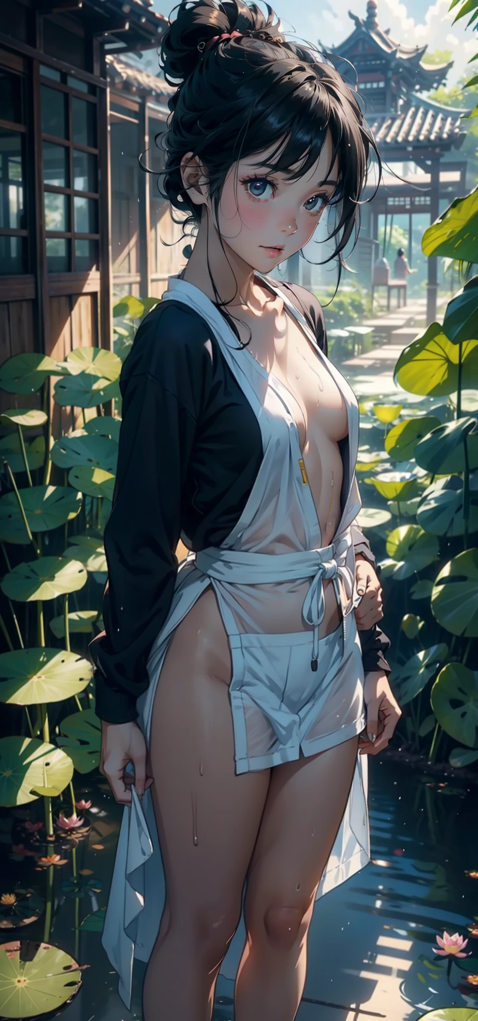 1female，age 5，Small ，Low chest exposure， 独奏，（Background with：bamboo forrest，lotuses，lotus flower，exteriors，Lotus pond） She has short black hair，standing on your feet，Sweat profusely，drenched all over the body，seen from the front， hair straight， mostly cloudy sky，（（（tmasterpiece），（Very detailed CG unity 8K wallpaper），best qualtiy，cinmatic lighting，detailed back ground，beatiful detailed eyes，Bright pupils，Black eyes，（Very fine and beautiful），（Beautiful and detailed eye description），ultra - detailed，tmasterpiece，）），facing at camera，A high resolution，ultra - detailed），revealing breasts，Bare genitalia，  Bulge，legs are open，Raised sexy，Camel toes，Flushed complexion，Open-mouthed，frontage，elementary student（Wearing：Transparent black apron，nakeness，Bare breasts，Bare lower body）