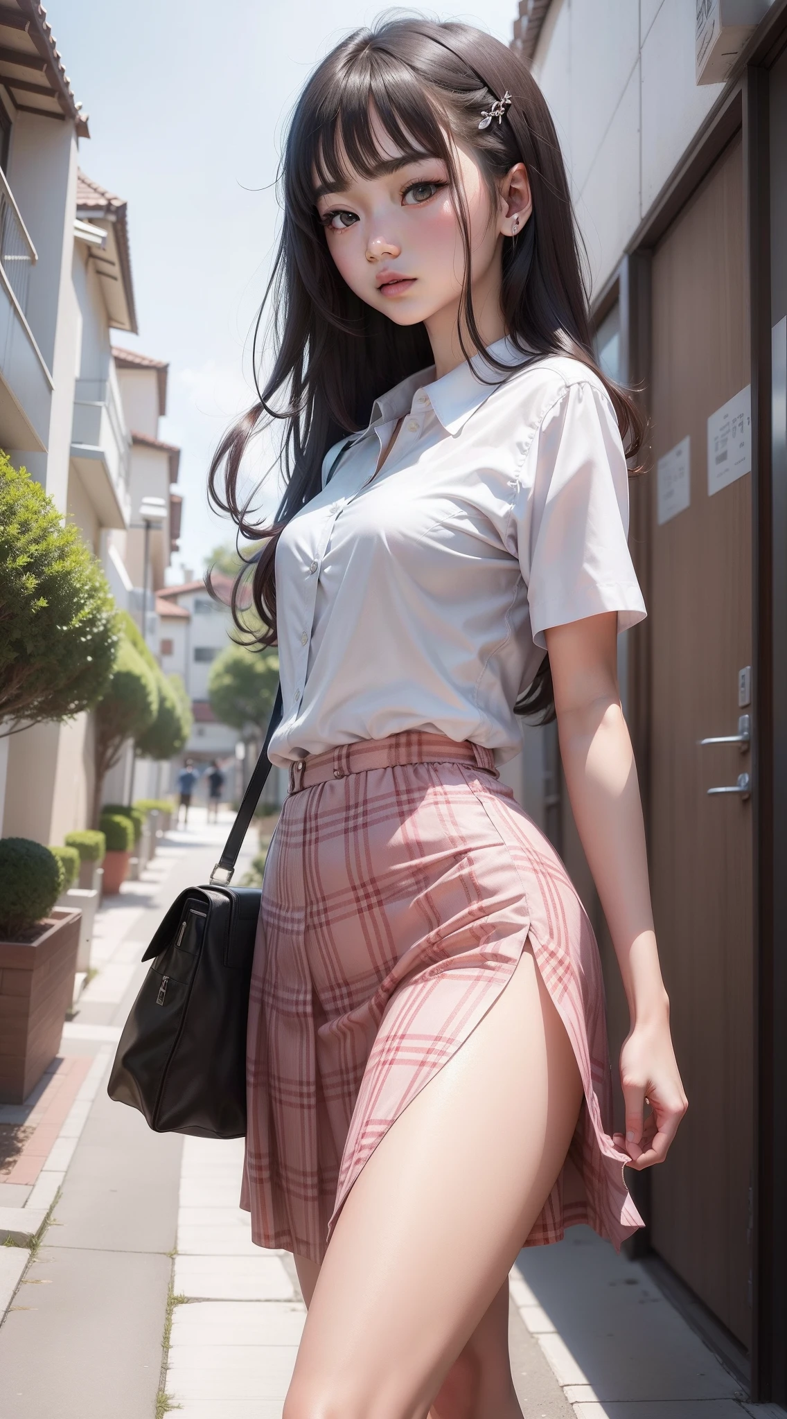 The highest quality RAW photos,超高分辨率,taken from the side,Gentle,Approachable,One guy,Perfect looks,14 Years Old Girl,Junior high school girl,photorealiscic face,White skin of the,Shiny white skin,Childhood sweetheart's neighbor girl,Korean girl,cute face,long plaid skirt,Slim and healthy body