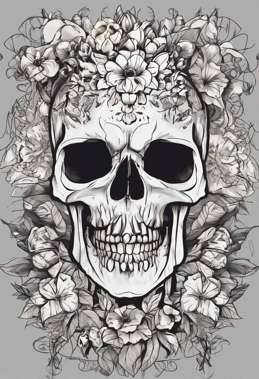 a closeup of a skull with flowers on it, fantasy skull, sacred skull, morphing skulls, ((skull)), death skull, skull tattoo, skull head, Tinta de caveira, skull like, skulls, sacred skulls, skull bones flowers, glass skull, skulls around, arte de fundo, skull face, Directed by: Derek Zabrocki, caveira, colour print