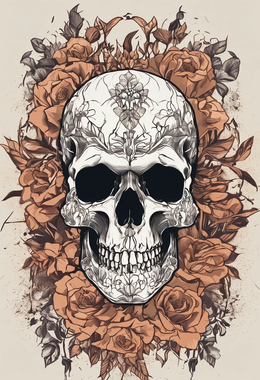 a closeup of a skull with flowers on it, fantasy skull, sacred skull, morphing skulls, ((skull)), death skull, skull tattoo, skull head, Tinta de caveira, skull like, skulls, sacred skulls, skull bones flowers, glass skull, skulls around, arte de fundo, skull face, Directed by: Derek Zabrocki, caveira, colour print