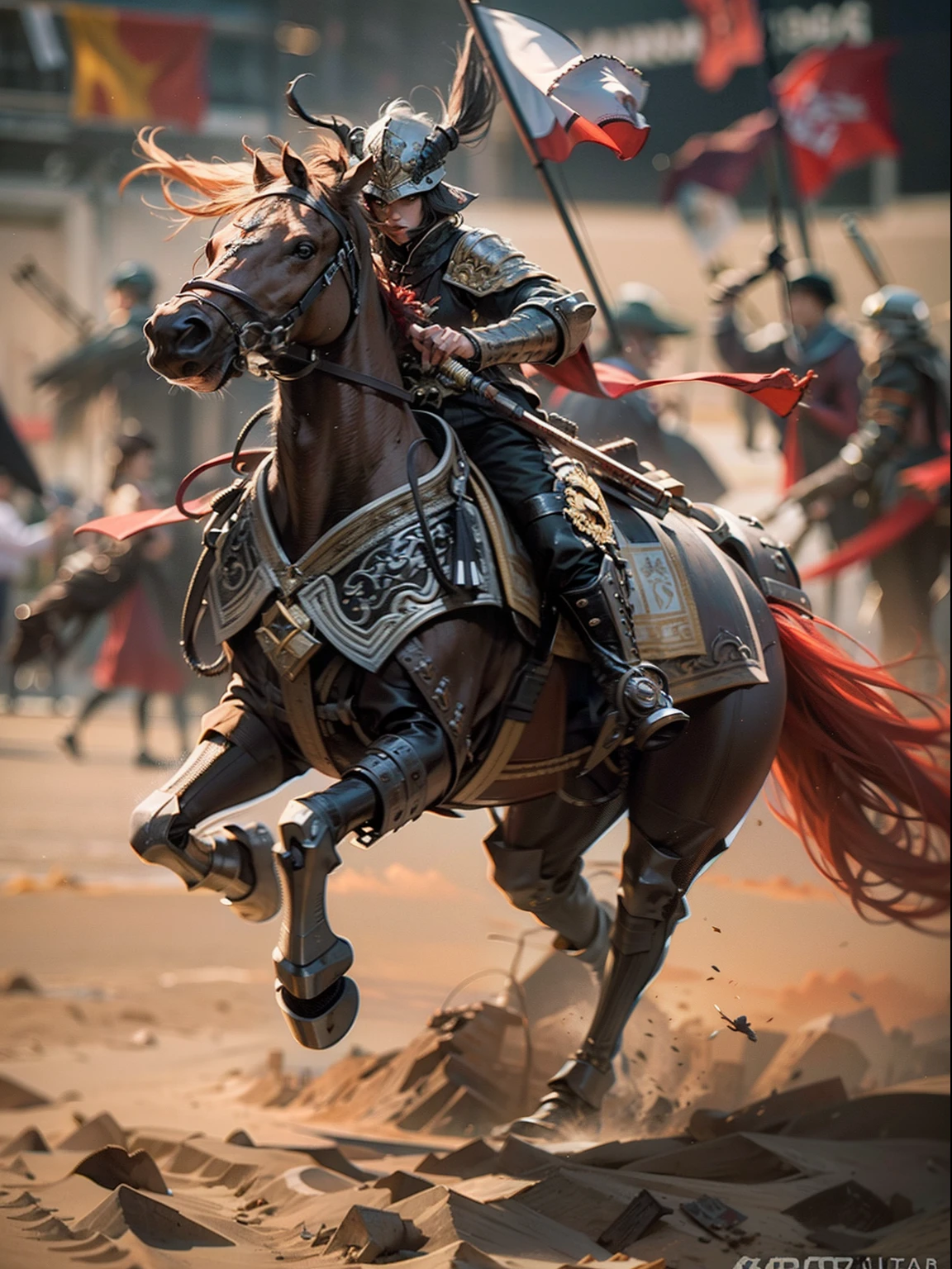 National style,in a desert,Yellow sand flying,Battle-hardened,Wearing Chinese armor,Female general of ancient China,Hair coiled,pony tails,long and flowing hair,The battle flag flies,Big wind,Stand in the middle of the crowd,Behind him was a group of soldiers,8K,high high quality,blood in face,Perfect facial features,up front view,trending on artstationh, Sharp focus, Intricate details, Highly detailed, by Greg Rutkowski, Bloodborne Unreal Engine 5, Cinematic, Color grading, Portrait photography, Ultra-wide angle, Depth of field, Hyper-detailed, beautifully color-coded, insanely details, Intricate details, (nice hand),detail finger,beautifully color-graded, illusory engine, Cinematic , Color grading, editorial photography , Photography, photoshoot, Shot on 70mm lense, Depth of field, degrees of freedom, Tilt Blur, Shutter speed 1/1000, f/22