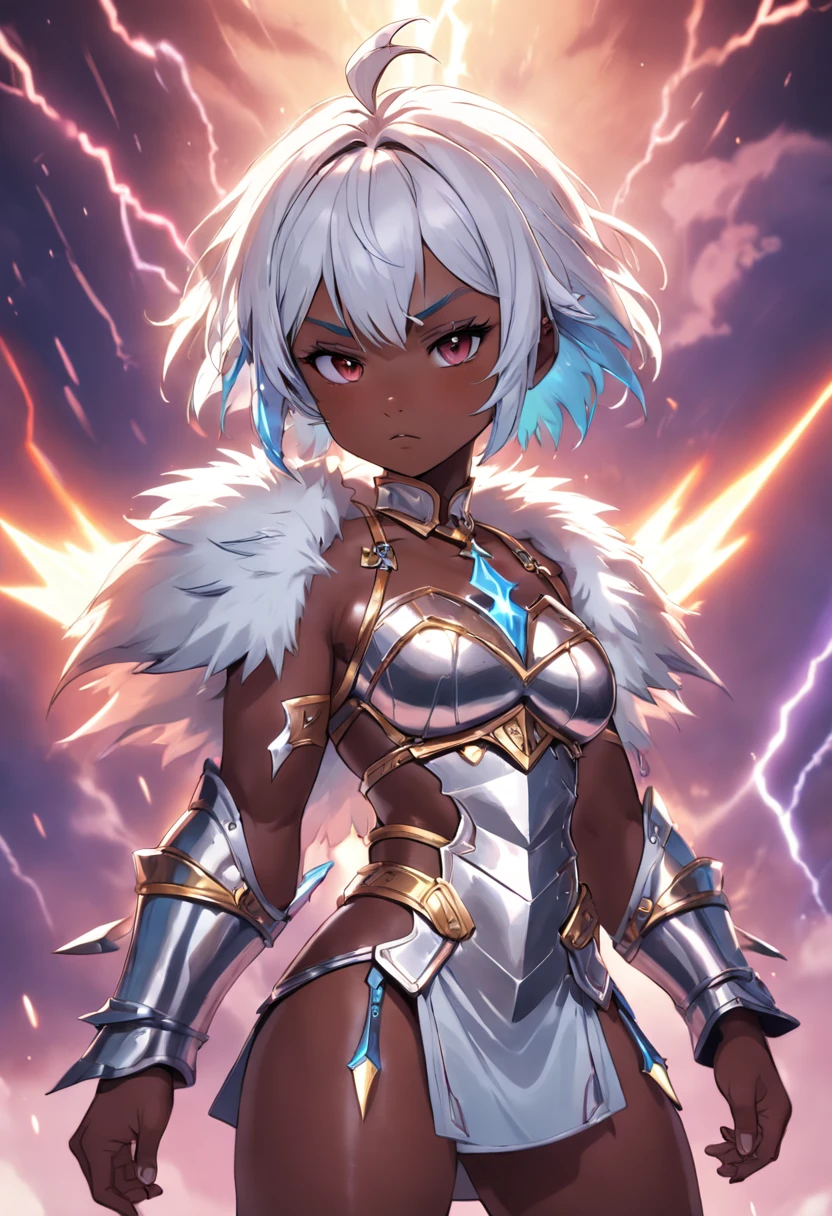 beautiful , crystal power armor, robes of priestess, dark skin, short gray hair, big tit,