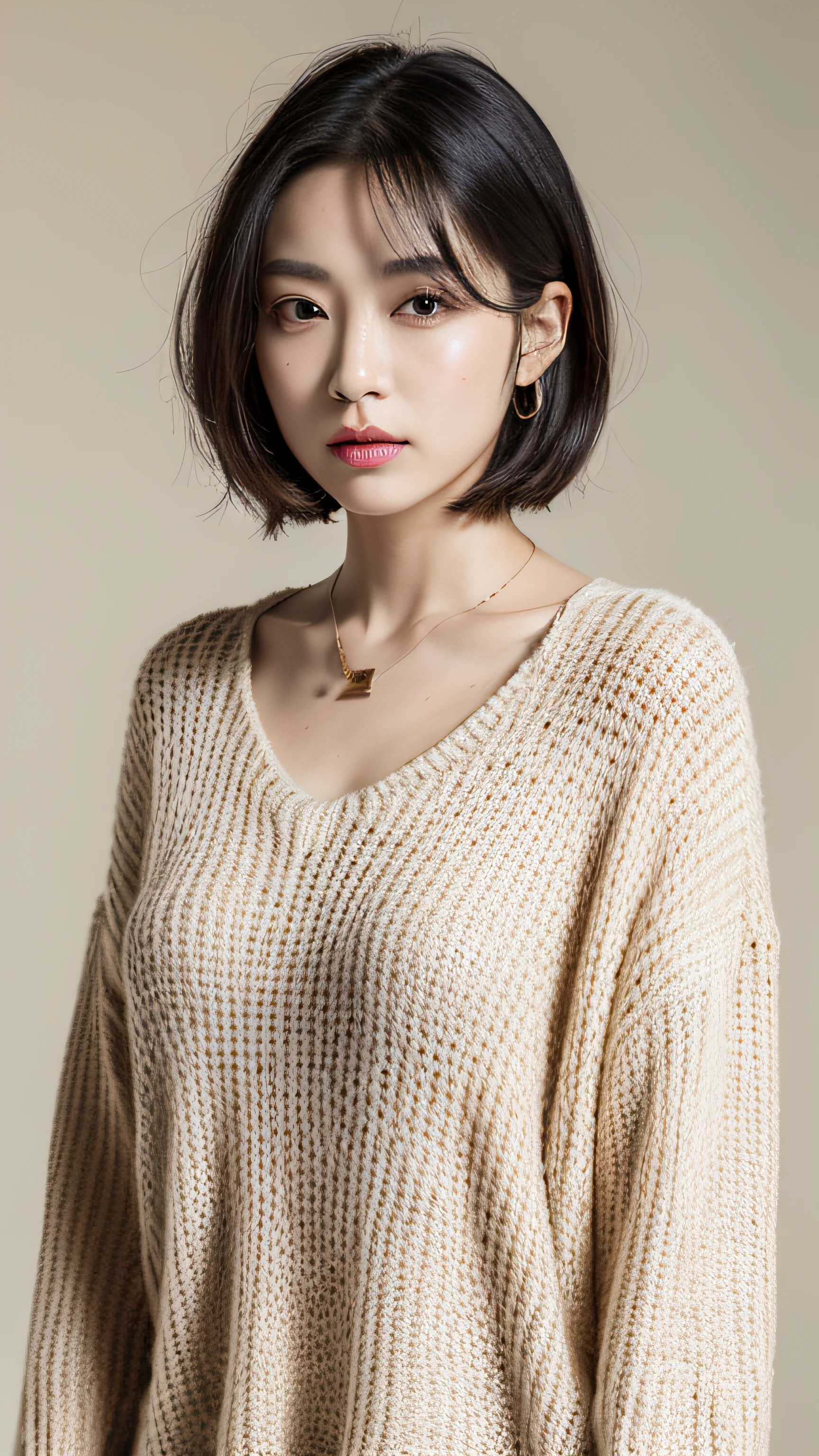 (Best quality, 8k, 32k, Masterpiece, UHD:1.2),Photo of Pretty chinese woman, large breasts, very short bob hair,upper body,face focus,oversized_sweater, necklace, simple background, from above, looking at viewer,