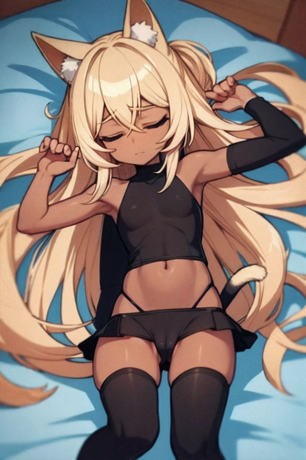 "blonde hair, ebony skin, cat ears, cat tail, cameltoe, sleeping on a bed, tiny skirt, pink pantie"
