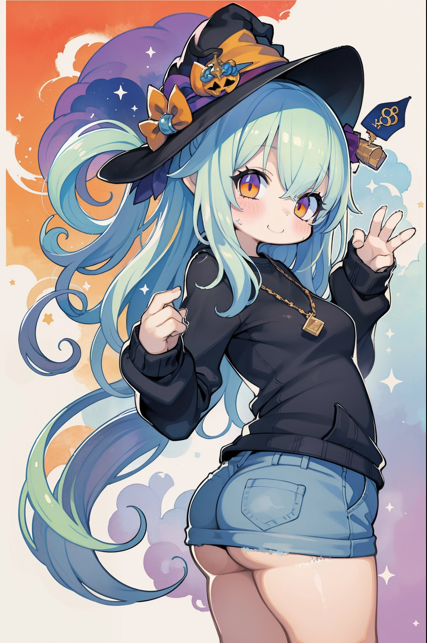 Charming Halloween witch,, Cartoon style, 2D, planar vector, T-shirt design, Colorful splashes, Fantasy Art, Watercolor effect,Digital Painting, white bg, 8K