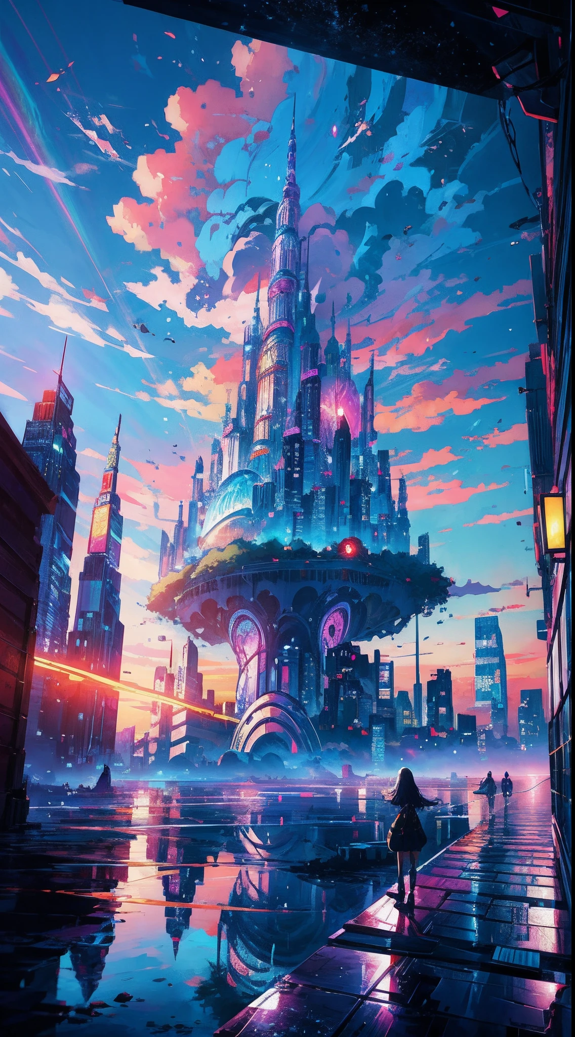 Anime girl standing in big city looking at rainbow sky,Near Future City、 makoto shinkai cyril rolando, anime art wallpaper 4k, anime art wallpaper 4k, Anime art wallpaper 8k, inspired by Cyril Rolando, in the style dan mumford artwork, amazing wallpapers, by Yuumei