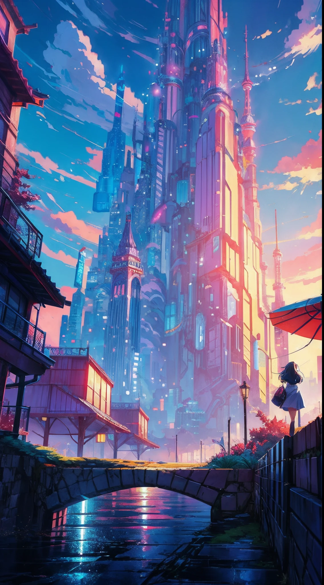 Anime girl standing in big city looking at rainbow sky,Near Future City、 makoto shinkai cyril rolando, anime art wallpaper 4k, anime art wallpaper 4k, Anime art wallpaper 8k, inspired by Cyril Rolando, in the style dan mumford artwork, amazing wallpapers, by Yuumei