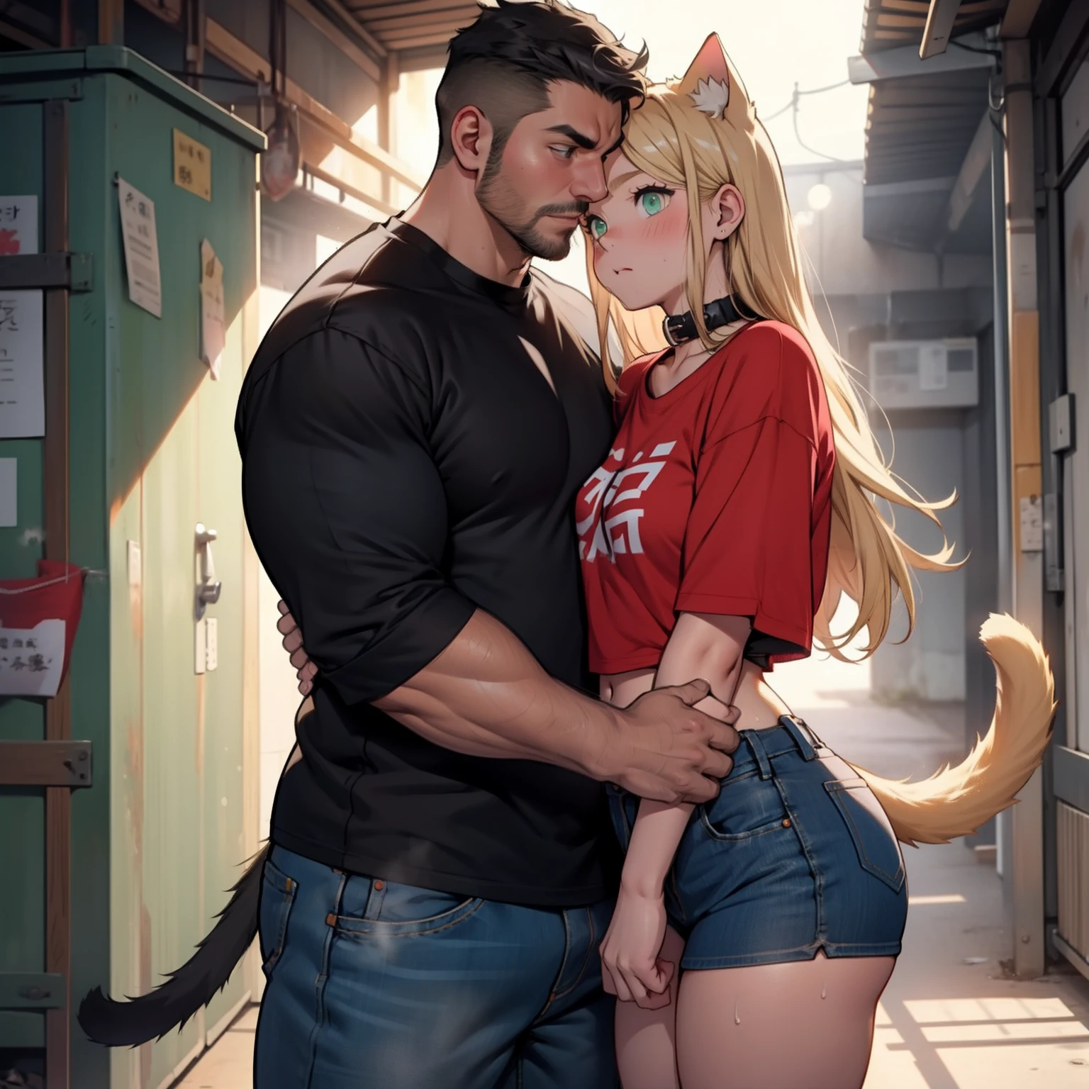 dim room,Petite girl bringing her face close to fat uncle,Blonde girl disguised as a cat,The Girl Beside,Girl wearing a red collar,Girl with green eyes,flat chest,Shy look,Red face,Girl with a tail,Navel Ejection、Girl in black shirt,Girl in tight-fitting clothes,Girls in low-rise denim,Girl in black knee socks,Man rubbing a girl's head,Uncle、Fat Man,Black-haired man,Man with big face,Sweating,Steaming