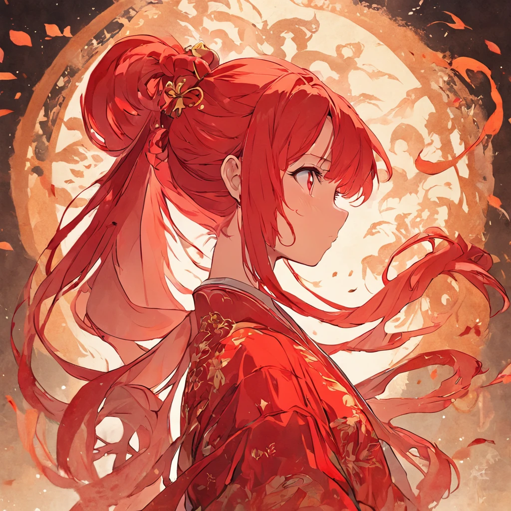 (White background:1.4),(Silhouette of a girl's head, Eyes smile, Red long-haired,One bangs on one side,High ponytail,Head slightly bowed,Overlooking,Gourd in hand,Oriental elements),(Chinese illustration:1.3,paper art:1.3, Quilted paper art:1.2),( reasonable design, Clear lines, High sharpness,Best quality, Very detailed, Masterpiece, movie light effect, 4K )