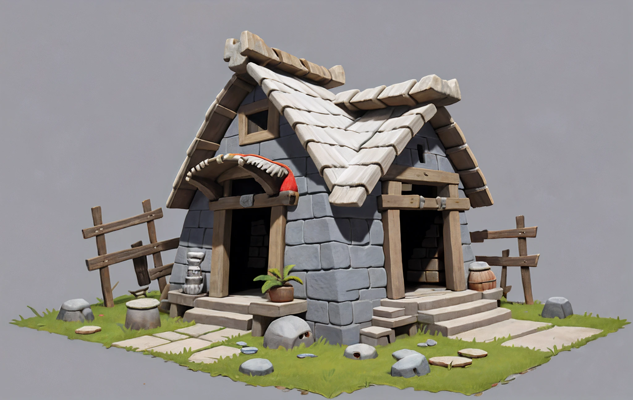 cartoonish style,Game architectural design,Bizarre design,Prehistoric primitive tribal style,(Irregular building、steins、in rags with、Skins、Huge bone decoration),white backgrounid,casual game style,best detail,Blander,tmasterpiece,best qualtiy,toon rendering,8K