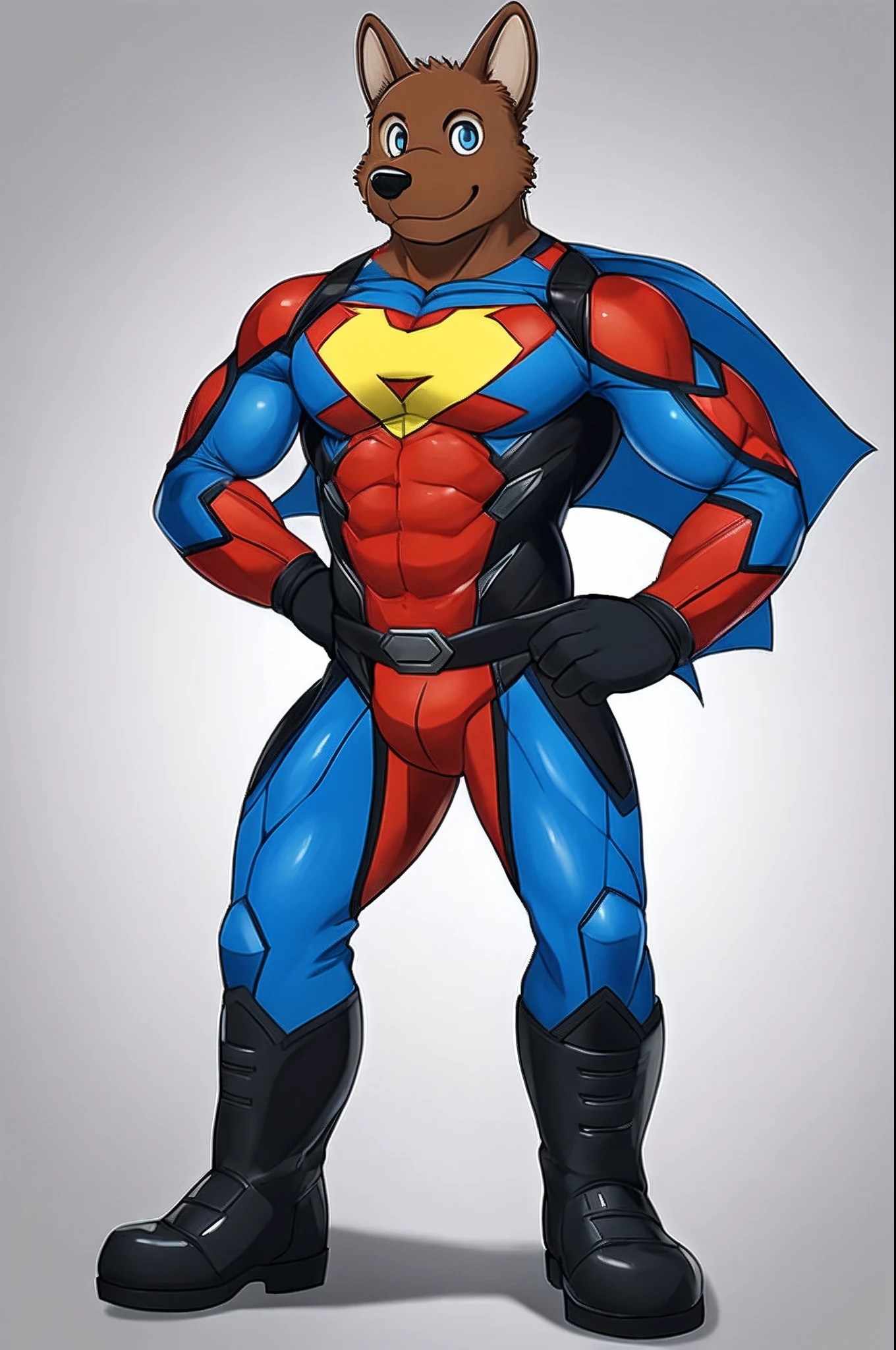 masutepiece, Best Quality, high quality,White background, Simple background, Standing portrait of a character, 1male, Solo, brown dog male, Furry,  Superhero, blue bodysuit, boots, short gloves, Full body,Look at viewers,hand on hip,hero logo on chest,gentle smile, big eyes, shining eyes