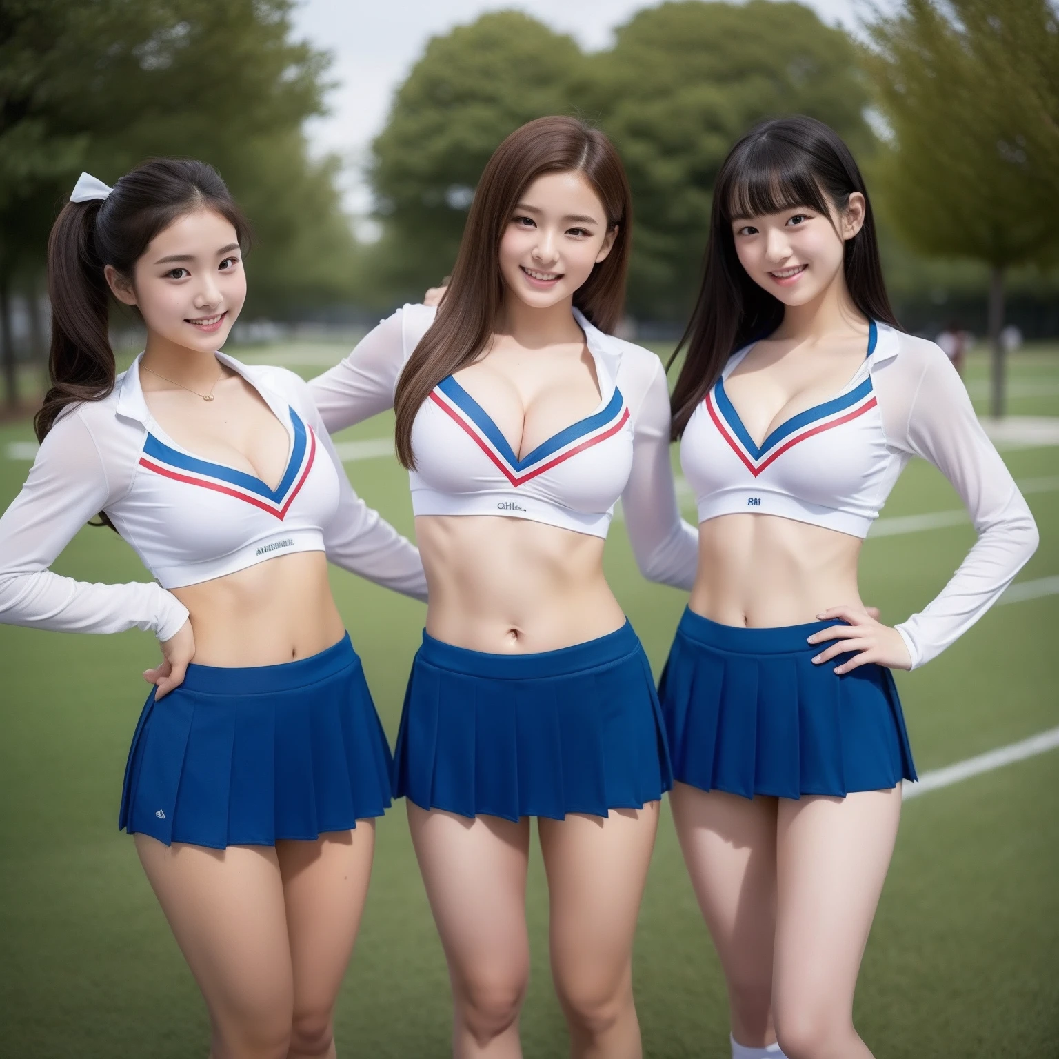 highest quality, masterpiece, Ultra-high resolution, Original photo, Ultra-high resolution，3 Girls, ((Multiple Girls group)), slender body, high waist，Flashy makeup，Big smile，flowing hair，whole body visible，stadium field background，topless nude, erect nipples, cheerleading, dancing, miniskirt