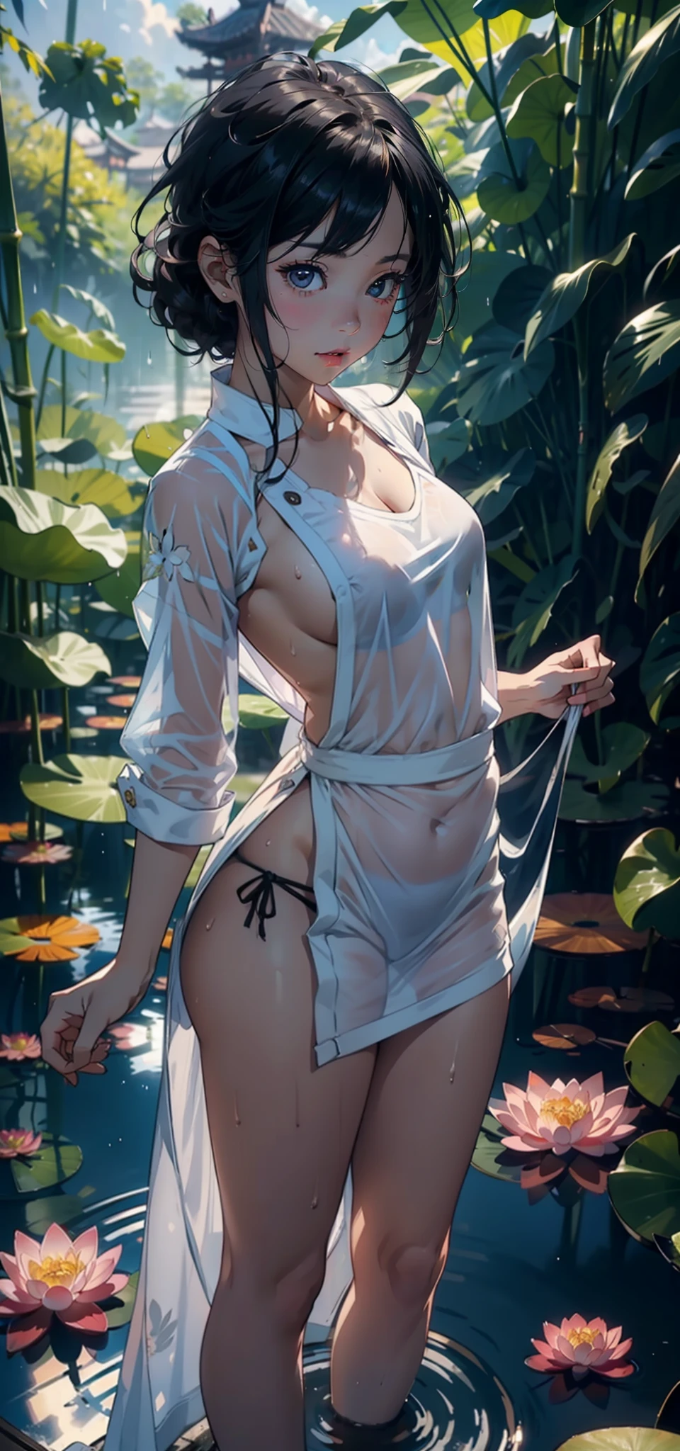 1female,age 5,Small ,Low chest exposure, 独奏,(Background with:bamboo forrest,lotuses,lotus flower,exteriors,Lotus pond) She has short black hair,standing on your feet,Sweat profusely,drenched all over the body,seen from the front, hair straight, mostly cloudy sky,(((tmasterpiece),(Very detailed CG unity 8K wallpaper),best qualtiy,cinmatic lighting,detailed back ground,beatiful detailed eyes,Bright pupils,Black eyes,(Very fine and beautiful),(Beautiful and detailed eye description),ultra - detailed,tmasterpiece,)),facing at camera,A high resolution,ultra - detailed),revealing breasts,Bare genitalia, Bulge,legs are open,Raised sexy,Camel toes,Flushed complexion,Open-mouthed,frontage,elementary student(Wearing:Transparent white apron,nakeness,Bare breasts,Bare lower body)