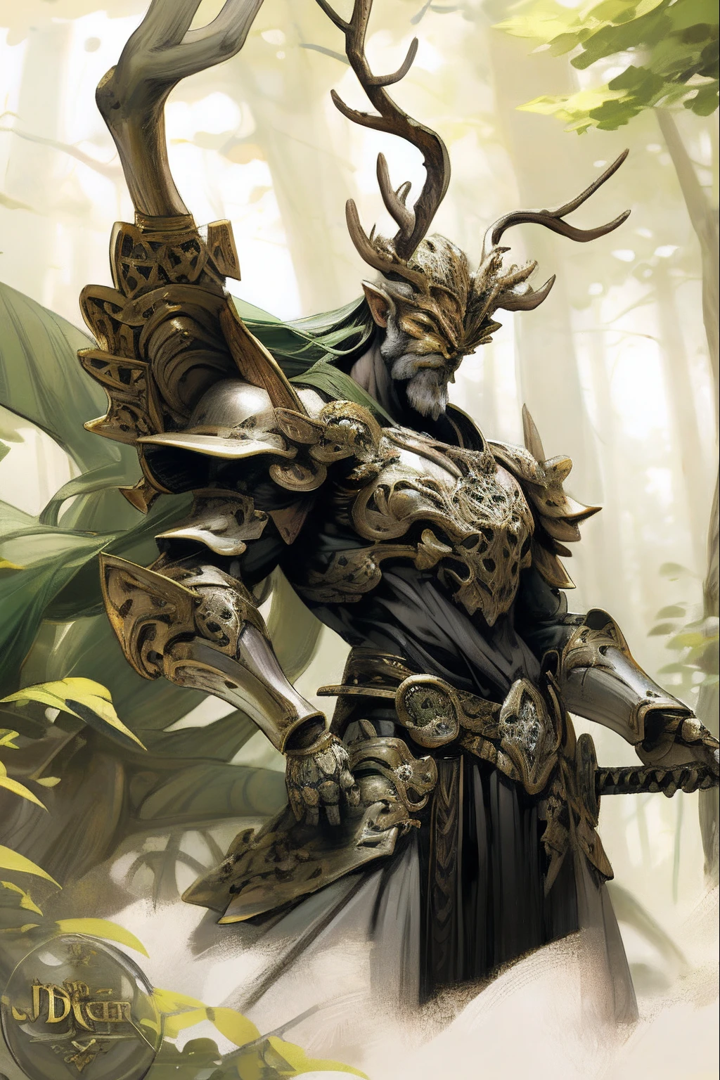 (Detailed illustration:1.3)，fantastic comic book style，One in armor，A man with a head and a sword，cernunnos，God of the forest，highly detailed fantasy art，Celtic antler god，deer antlers，redwood forest themed armor，hyper-detailed fantasy character，an anthropomorphic deer，8K fantasy art，druid warrior，Concept artist，Global illumination，Depth of field，Splash Art