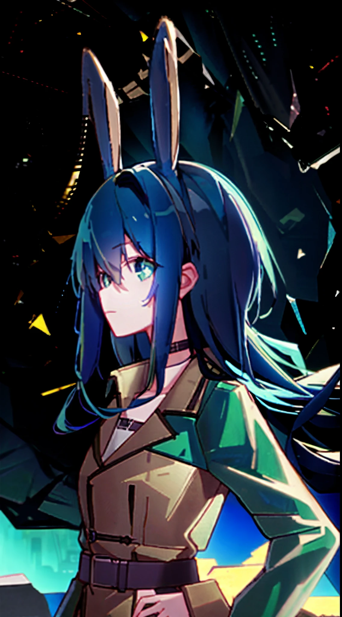 scenecy，Blue-haired girl，Rabbit ears，Green eyes，city night scene，Brown trench coat