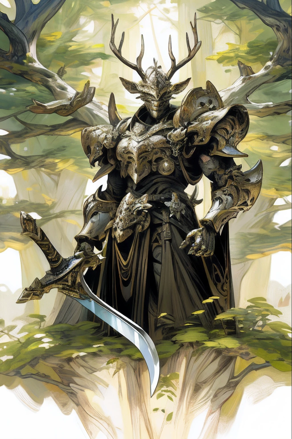(Detailed illustration:1.3),fantastic comic book style,One in armor,A man with a head and a sword,cernunnos,God of the forest,highly detailed fantasy art,Celtic antler god,deer antlers,redwood forest themed armor,hyper-detailed fantasy character,an anthropomorphic deer,8K fantasy art,druid warrior,Concept artist,Global illumination,Depth of field,Splash Art