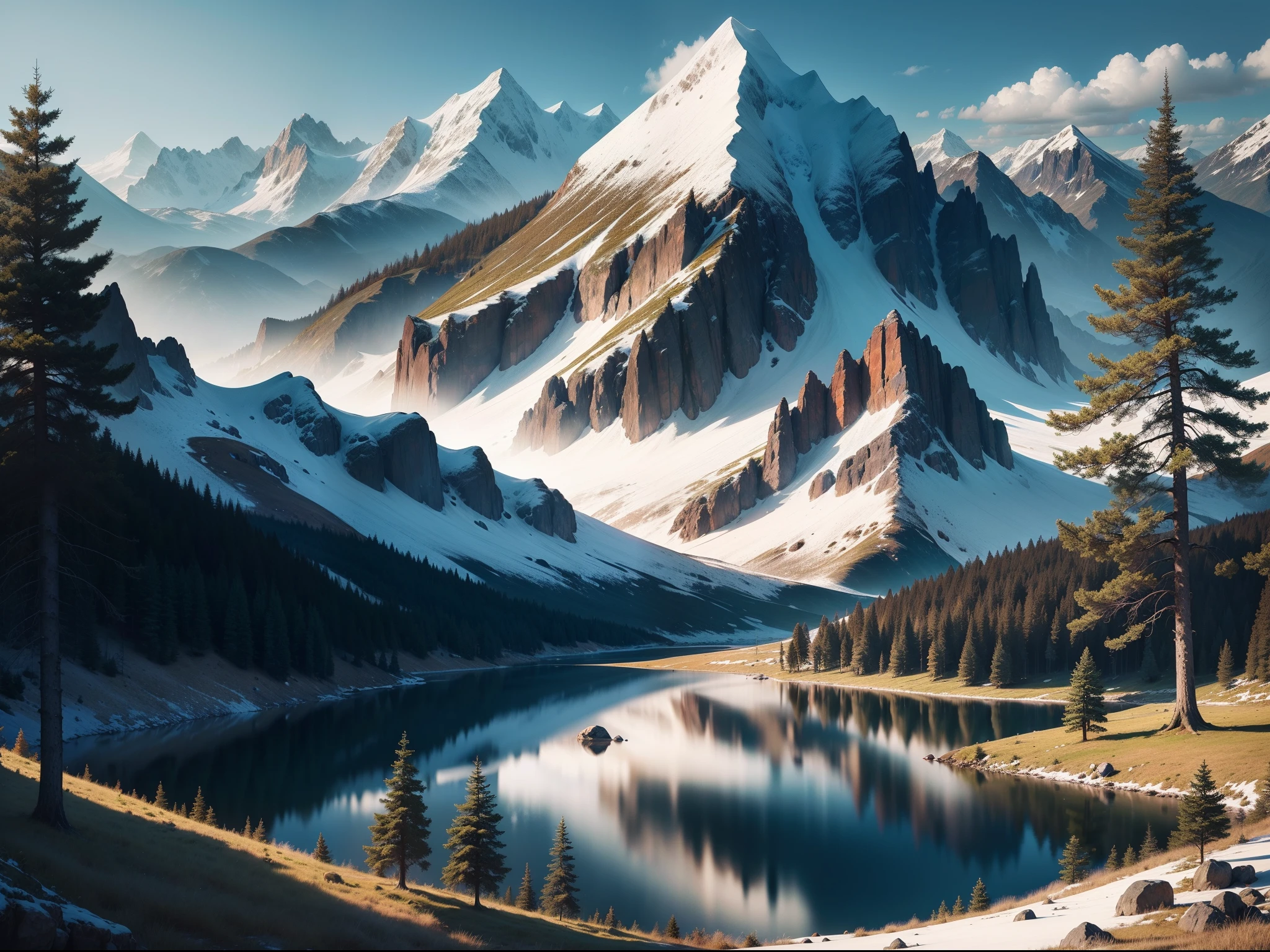 Illustration of a giant lake surrounded by trees with mountains on the horizon, (wildlife) (Animals)(leaves)(masterpiece) 4k
