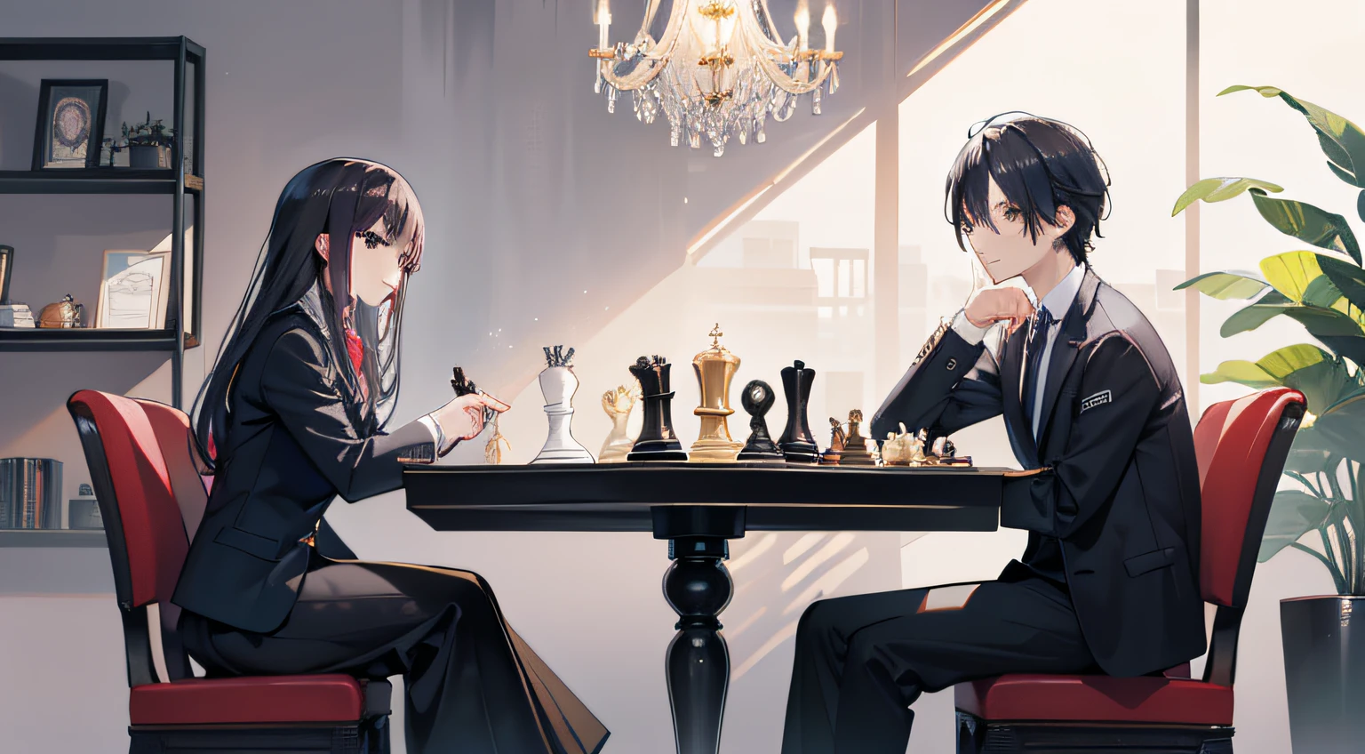 Two people,a young man and a woman,Business suit,symptoms,gaming console,Ace,playing chess,chess,The environment is solemn,Onlookers,self-assured,A person smiles,A person takes it in stride,Pout 、A person looks at the chessboard,One person looks at the other,Contest,earnestly,without distractions。Look at the chessboard,Move the pieces,International competitions,Sit face to face,big hall,Small pawns