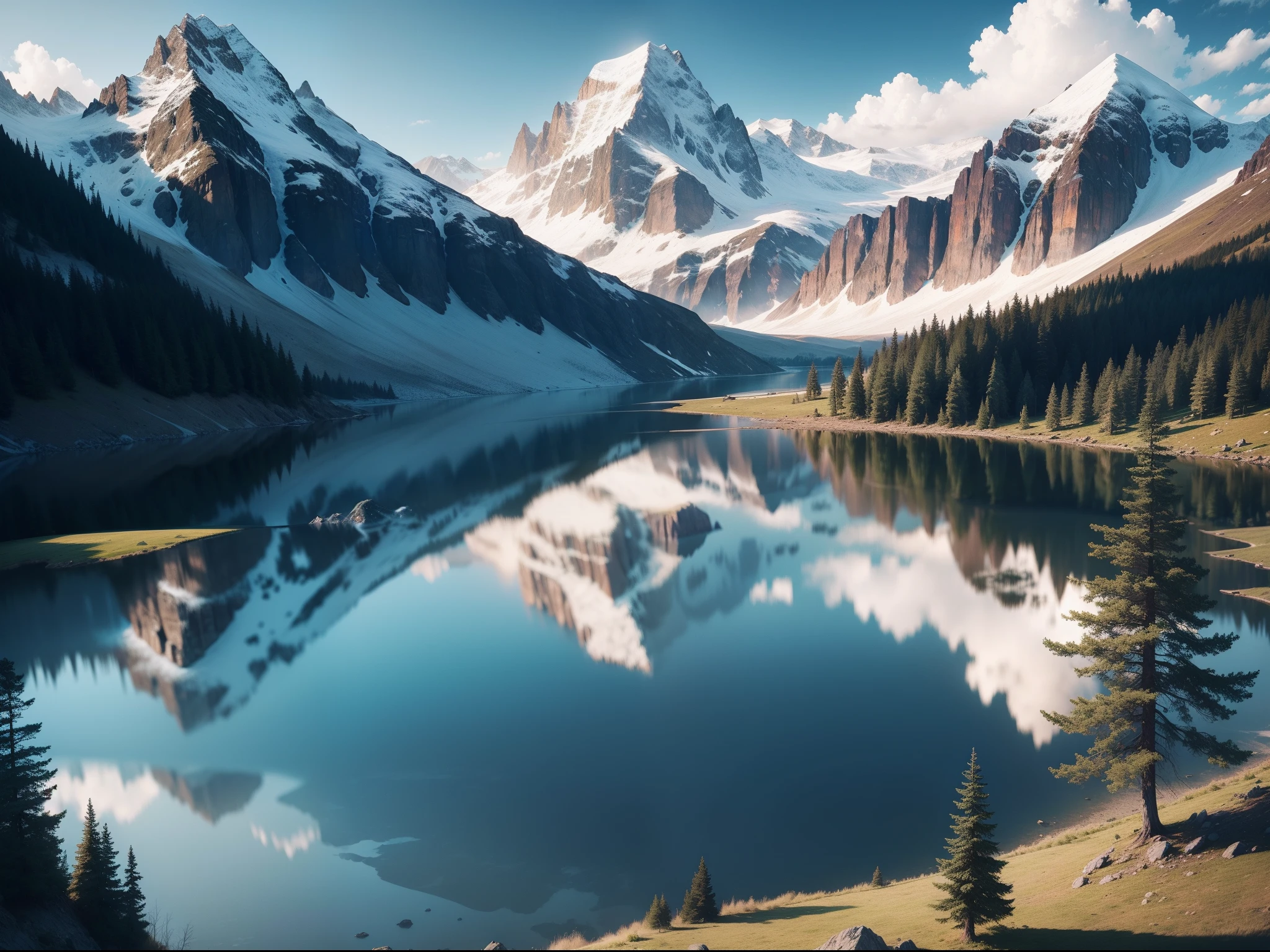 Illustration of a giant lake surrounded by trees with mountains on the horizon, (wildlife) (Animals)(leaves)(masterpiece) 4k