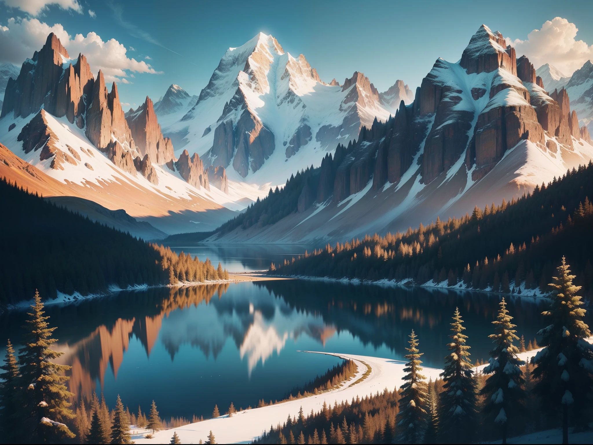 Illustration of a giant lake surrounded by trees with mountains on the horizon, (wildlife) (Animals)(leaves)(masterpiece) 4k