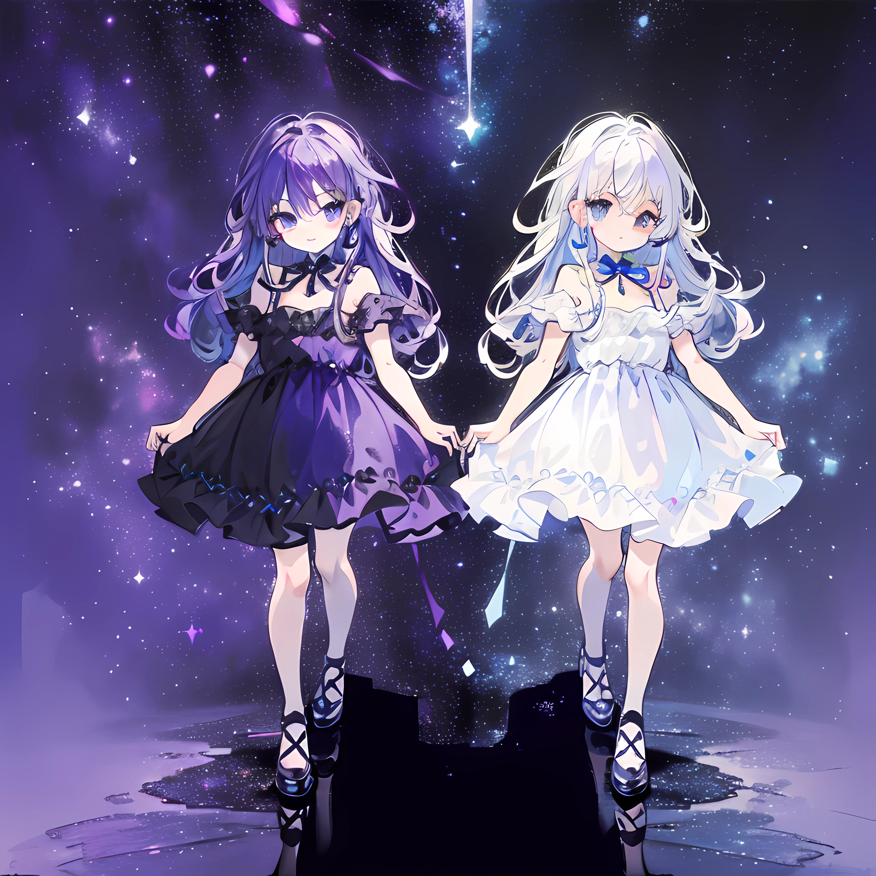 masterpiece,(best quality),(twin girls), (high contrast:1.2), (high saturation:1.2), ((black and white sdress)), looking at viewer,((purple and blue theme:1.3)),((purple and blue background:1.5)),white hair,blue eyes,((walking:1.3)),full body, sexy pose, black footwear,((the blue water on ground reflecting the starry sky and nebula and galaxy)),((from above:1.2)), (colorful:1.5), (colorful hair:1.5),