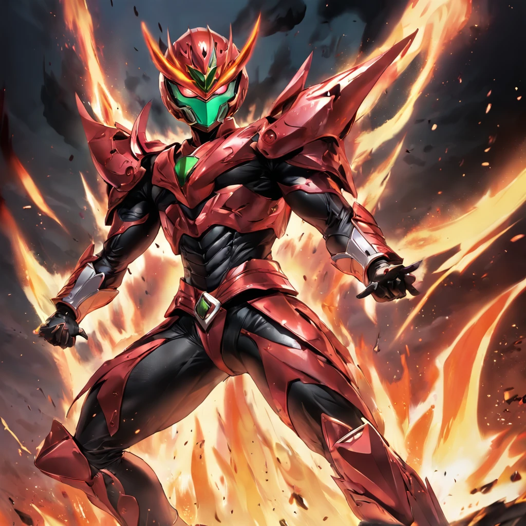 Kamen Rider,Helmet in the shape of locust elements,Closed face shield,red colour,Flame element,Faust,the Chinese character "firey" in the middle of Kamen Rider's Belt,full-body shot,Yugioh artwork, top-quality, tmasterpiece, A high resolution