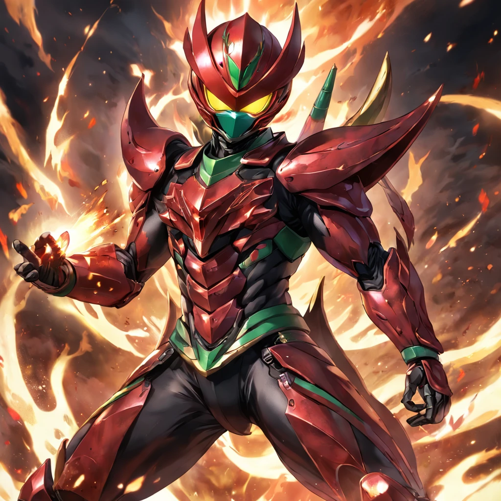 Kamen Rider,Helmet in the shape of locust elements,Closed face shield,red colour,Flame element,Faust,the Chinese character "firey" in the middle of Kamen Rider's Belt,full-body shot,Yugioh artwork, top-quality, tmasterpiece, A high resolution