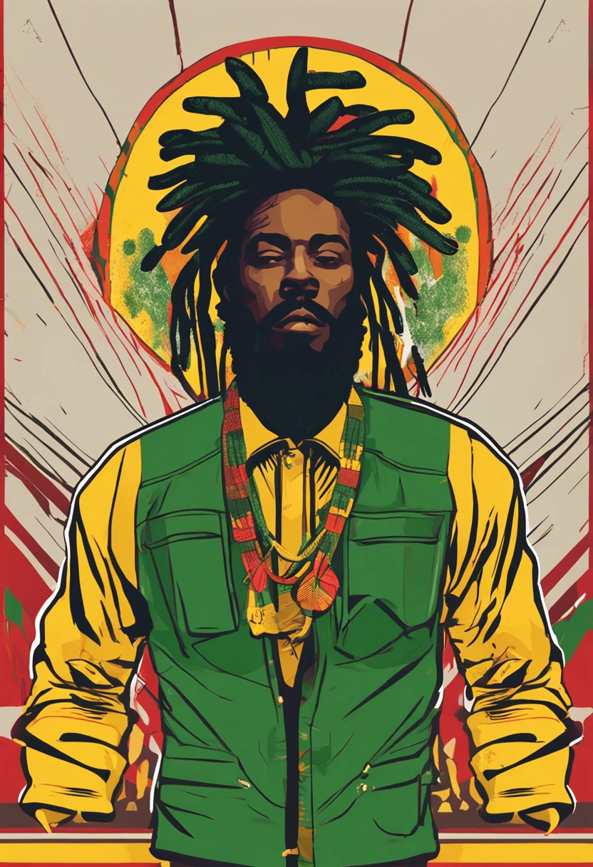 Create a logo with the head of a black man with dreadlocks in black colors, verde, amarelo e vermelho (olhando para a frente) , imagem estilo logomarca , Sober, (fundo preto), Image with resolution of at least 300dpi, UHD 8k, Very high quality for excellent printing. Lighting that highlights the figure in relation to the background, cores do reggae, Estilo da camada de disco