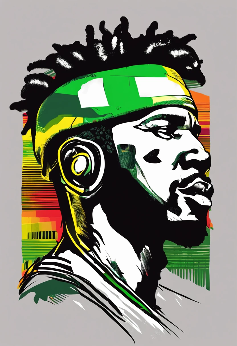 Create a logo with the head of a black man with dreadlocks in black colors, verde, amarelo e vermelho (olhando para a frente) , imagem estilo logomarca , Sober, (fundo preto), Image with resolution of at least 300dpi, UHD 8k, Very high quality for excellent printing. Lighting that highlights the figure in relation to the background, cores do reggae, Estilo da camada de disco