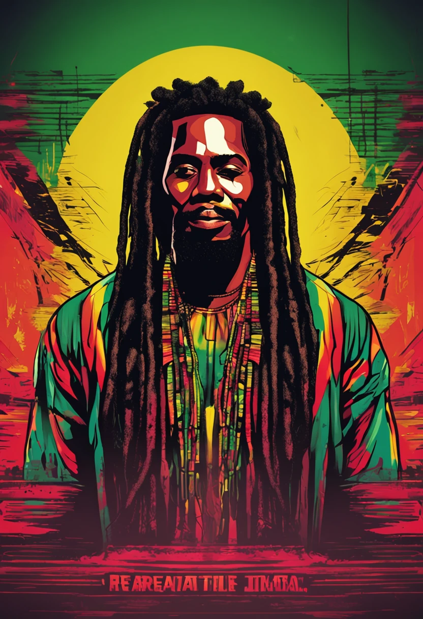 Create a logo with the head of a black man with dreadlocks in black colors, verde, amarelo e vermelho (olhando para a frente) , imagem estilo logomarca , Sober, (fundo preto), Image with resolution of at least 300dpi, UHD 8k, Very high quality for excellent printing. Lighting that highlights the figure in relation to the background, cores do reggae, Estilo da camada de disco