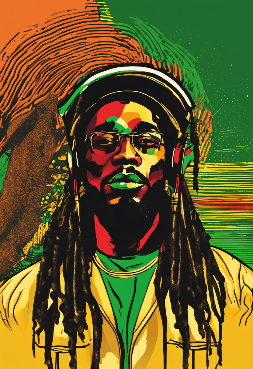 Create a logo with the head of a black man with dreadlocks in black colors, verde, amarelo e vermelho (olhando para a frente) , imagem estilo logomarca , Sober, (fundo preto), Image with resolution of at least 300dpi, UHD 8k, Very high quality for excellent printing. Lighting that highlights the figure in relation to the background, cores do reggae, Estilo da camada de disco