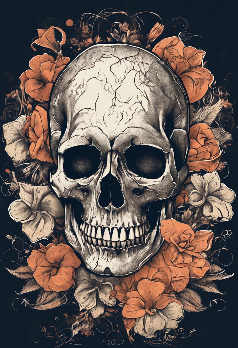 a closeup of a skull with flowers on it, fantasy skull, sacred skull, morphing skulls, ((skull)), death skull, skull tattoo, skull head, Tinta de caveira, skull like, skulls, sacred skulls, skull bones flowers, glass skull, skulls around, arte de fundo, skull face, Directed by: Derek Zabrocki, caveira, colour print