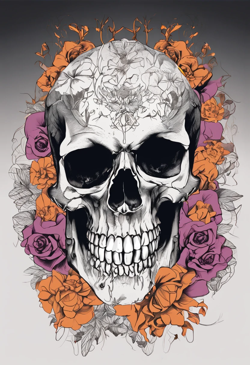 a closeup of a skull with flowers on it, fantasy skull, sacred skull, morphing skulls, ((skull)), death skull, skull tattoo, skull head, Tinta de caveira, skull like, skulls, sacred skulls, skull bones flowers, glass skull, skulls around, arte de fundo, skull face, Directed by: Derek Zabrocki, caveira, colour print
