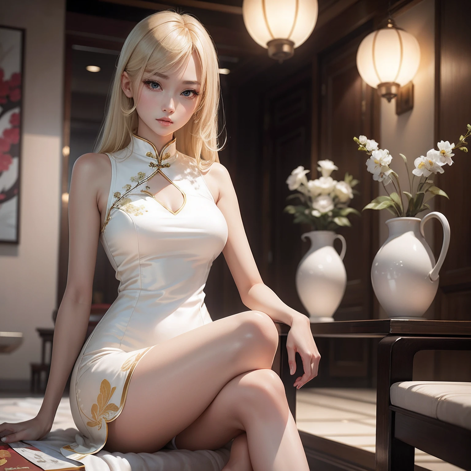 light-blonde hair,Conservative cheongsam,s girl,White skin, Beautiful long legs,Exquisite facial features)(Sophisticated look)