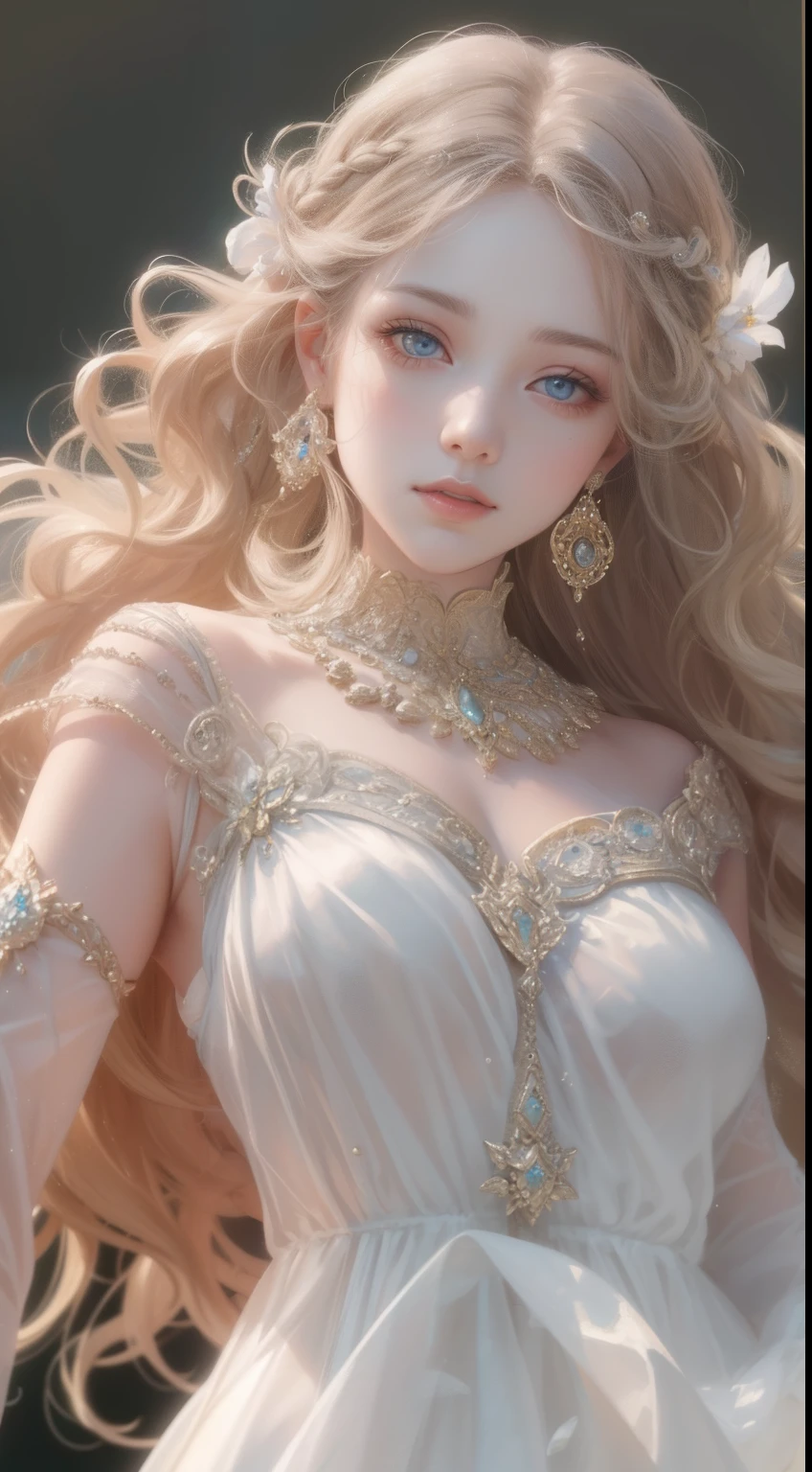 tmasterpiece，Highest high resolution，Bust of a beautiful noble maiden，Delicate braided hair，Coiled hair，Shining clear eyes，The hair is covered with beautiful and delicate floral craftsmanship, crystal、Diamond jewelry filigree，Ultra-detailed details，upscaled，softlighting。