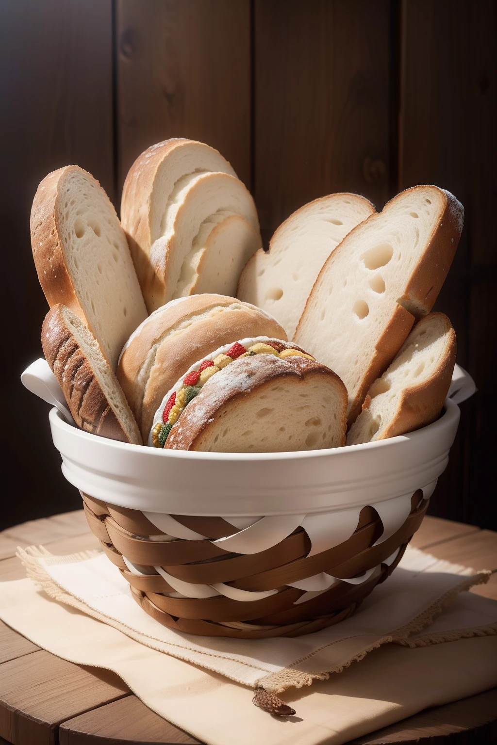 "Awaken your creativity by creating a basket of bread that will delight the senses and warm the heart. Imagine um cesto artesanal meticulosamente tecido, adornado com detalhes que refletem a autenticidade e simplicidade. Be inspired by the variety of breads – from golden baguettes and soft buns to rustic whole-grain breads. Lighting should highlight textures and colors, while the careful composition highlights the diversity of shapes and sizes of the breads. Cada detalhe importa, from the inviting crumbs to the irresistible aroma emanating from this basket. Its creation should awaken the desire and appreciation for the culinary art and the simple pleasure of sharing bread."