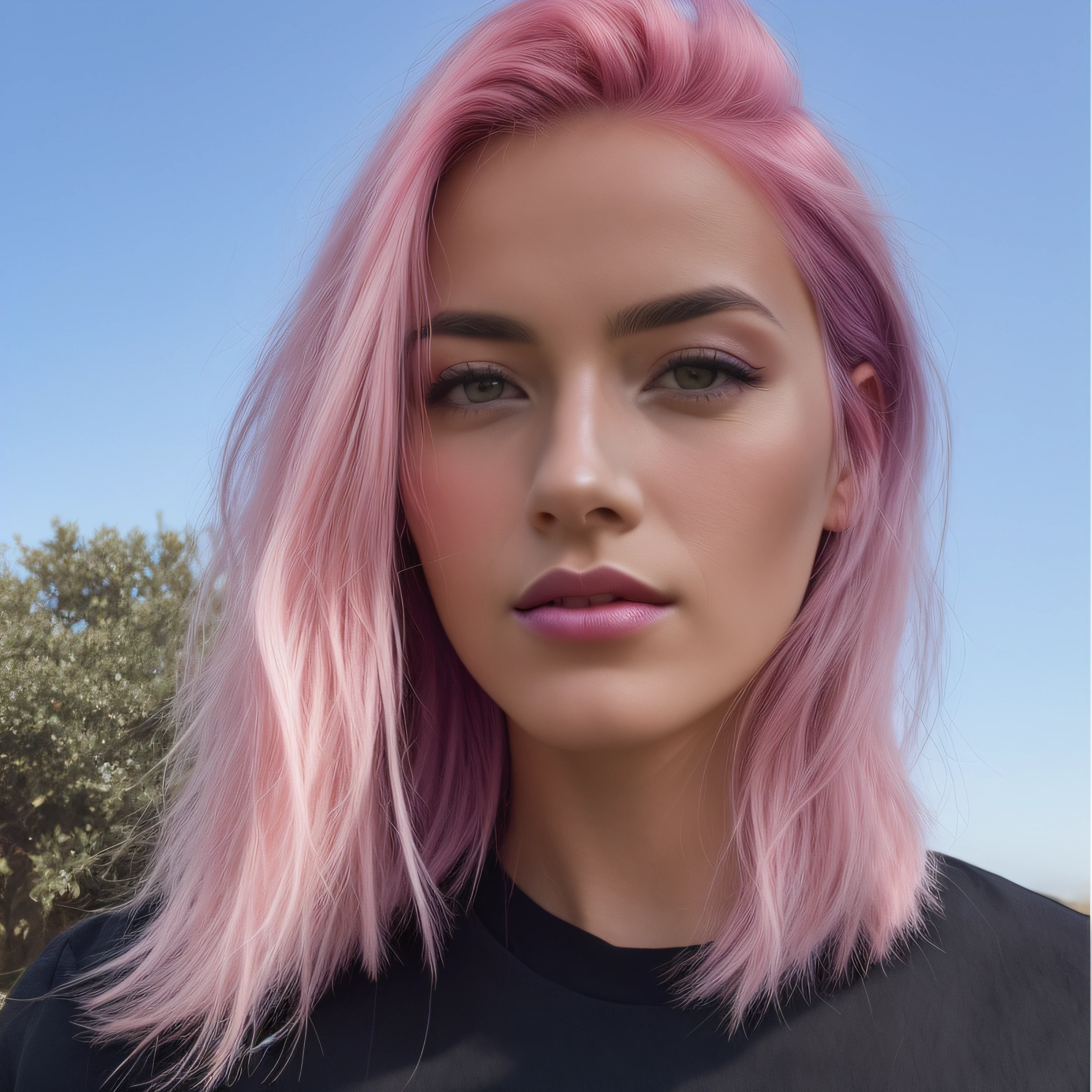 woman with pink hair and a black shirt, ombre purple and pink hairstyle, Experiment with a shallow depth of field, mimicking the vintage look achieved by using older lenses or aperture settings. Highlight the natural texture and pores of the skin, capturing a realistic and organic look.