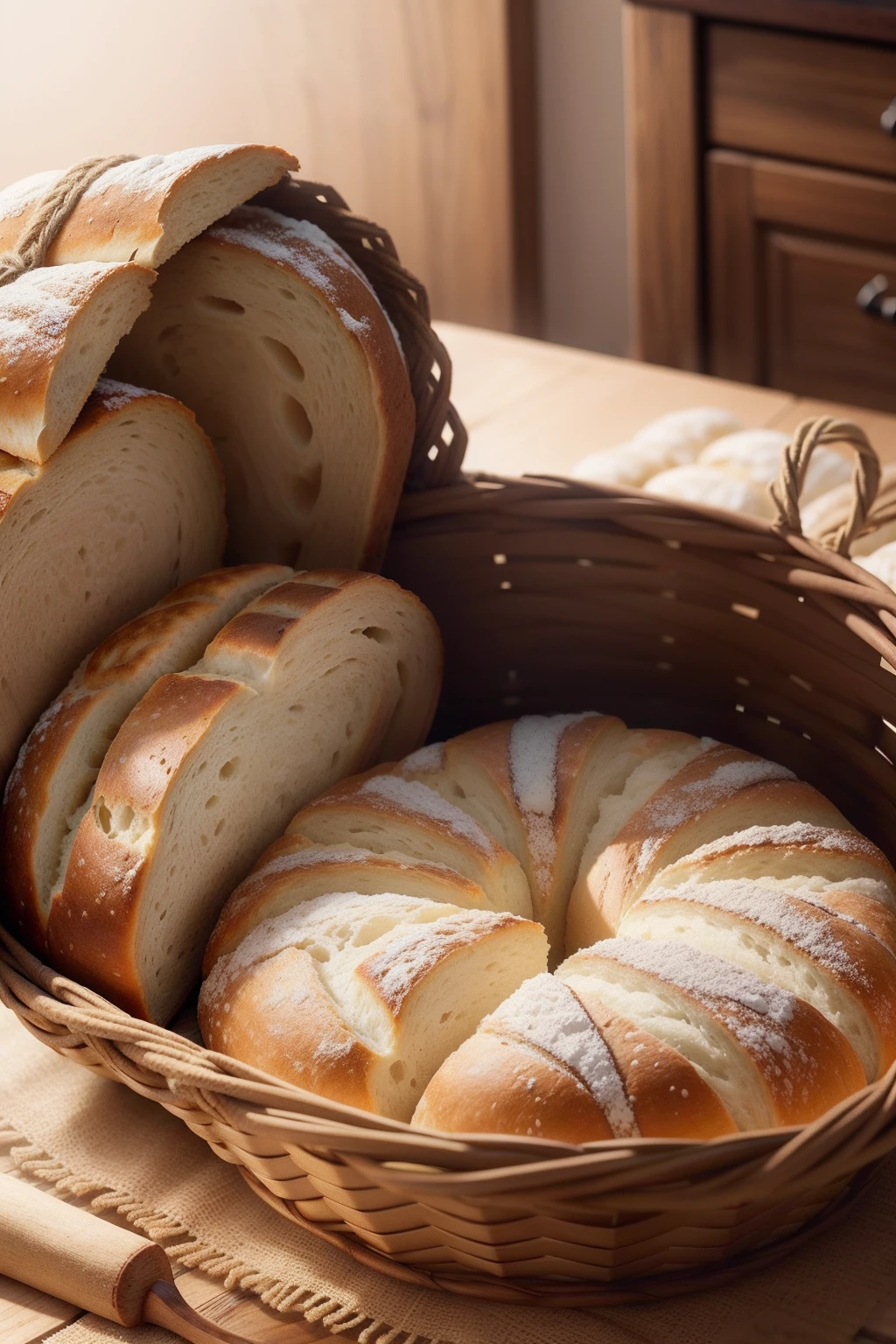 "Awaken your creativity by creating a basket of bread that will delight the senses and warm the heart. Imagine um cesto artesanal meticulosamente tecido, adornado com detalhes que refletem a autenticidade e simplicidade. Be inspired by the variety of breads – from golden baguettes and soft buns to rustic whole-grain breads. Lighting should highlight textures and colors, while the careful composition highlights the diversity of shapes and sizes of the breads. Cada detalhe importa, from the inviting crumbs to the irresistible aroma emanating from this basket. Its creation should awaken the desire and appreciation for the culinary art and the simple pleasure of sharing bread."