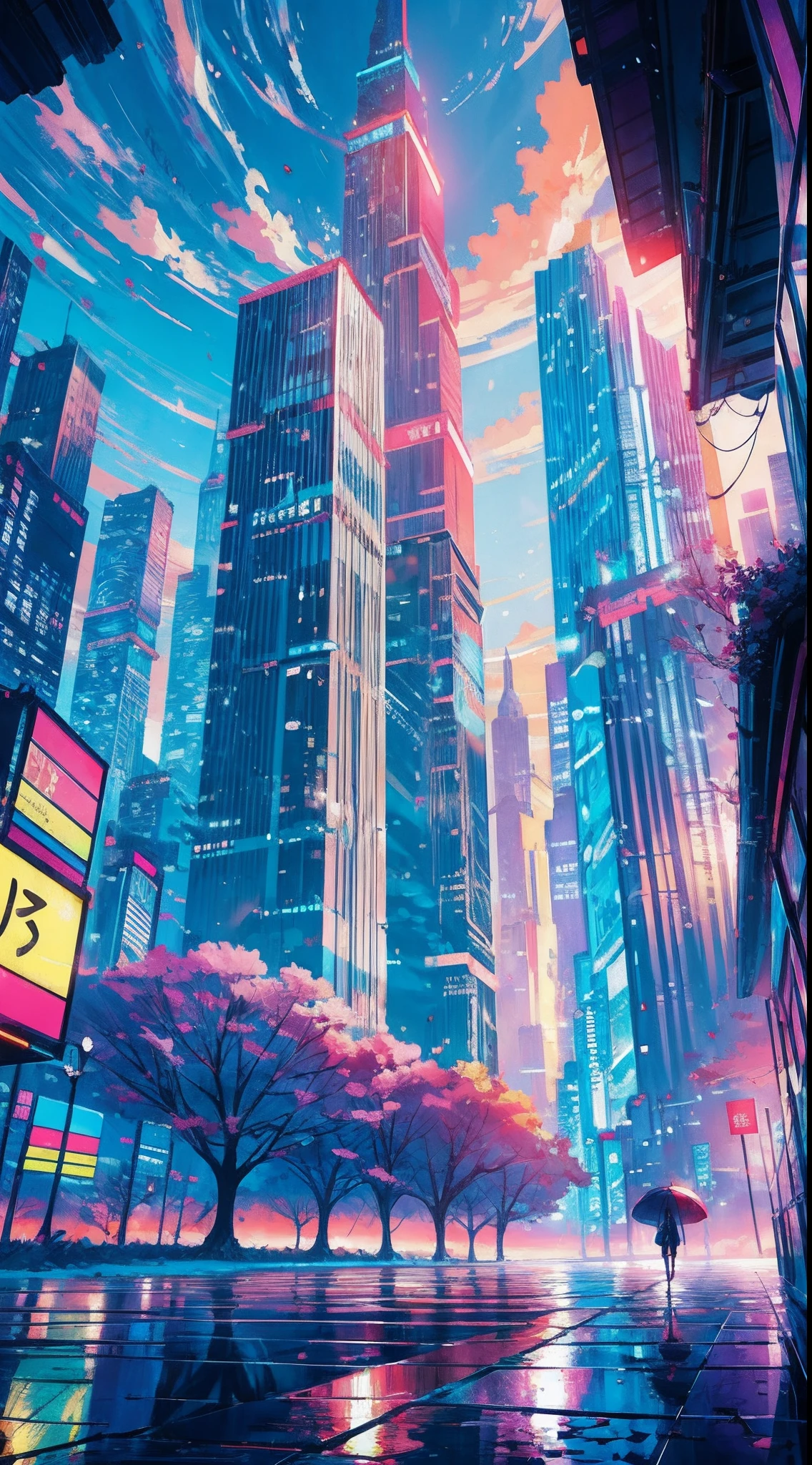 Anime girl standing in big city looking at rainbow sky,Near Future City、 makoto shinkai cyril rolando, anime art wallpaper 4k, anime art wallpaper 4k, Anime art wallpaper 8k, inspired by Cyril Rolando, in the style dan mumford artwork, amazing wallpapers, by Yuumei