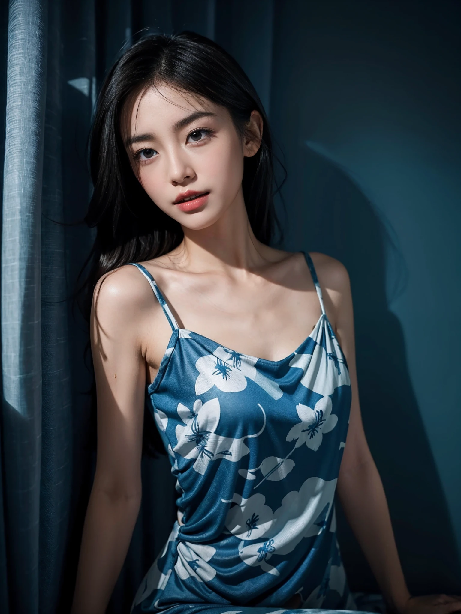 (Small lower chest,Tomboyish,small heads)), (Well-defined abs: 1.1), (perfect bodies: 1.1), (short-length straight short hair: 1.2), attractive collarbone，（极其细致的CG 8k壁纸），（Extremely refined and beautiful），（tmasterpiece），（best qualtiy：1.0），（超高分辨率：1.0），upper body photos，[A high resolution]，cheerfulness，Smile，Smooth and flawless fair skin，ultra - detailed ，Elongated legs，（Small breasts:1.1),Flat chest,underbust,Slim，emaciated，No bra,(Maxi white apron:1.3)，At home, in dinning room，Teal background，Close shot，nightfall，warm light，a dinning table,Several dishes on the table,(Lying flat on back on the dining table:1.3),Top down overhead camera perspective,Printed tablecloth