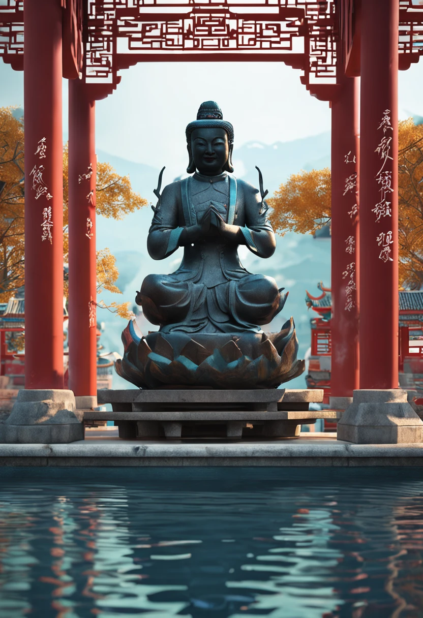 In the water, Chinese-style statues, Global illumination ,Artistic photos
