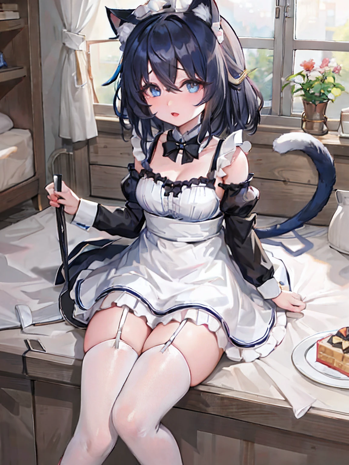 1girl, fran, cat tail, cat ears, black hair, blue eyes, tail, hair ornament, crossed bangs, animal ear fluff, short hair, [small breasts], Maid_Dress, NSFW